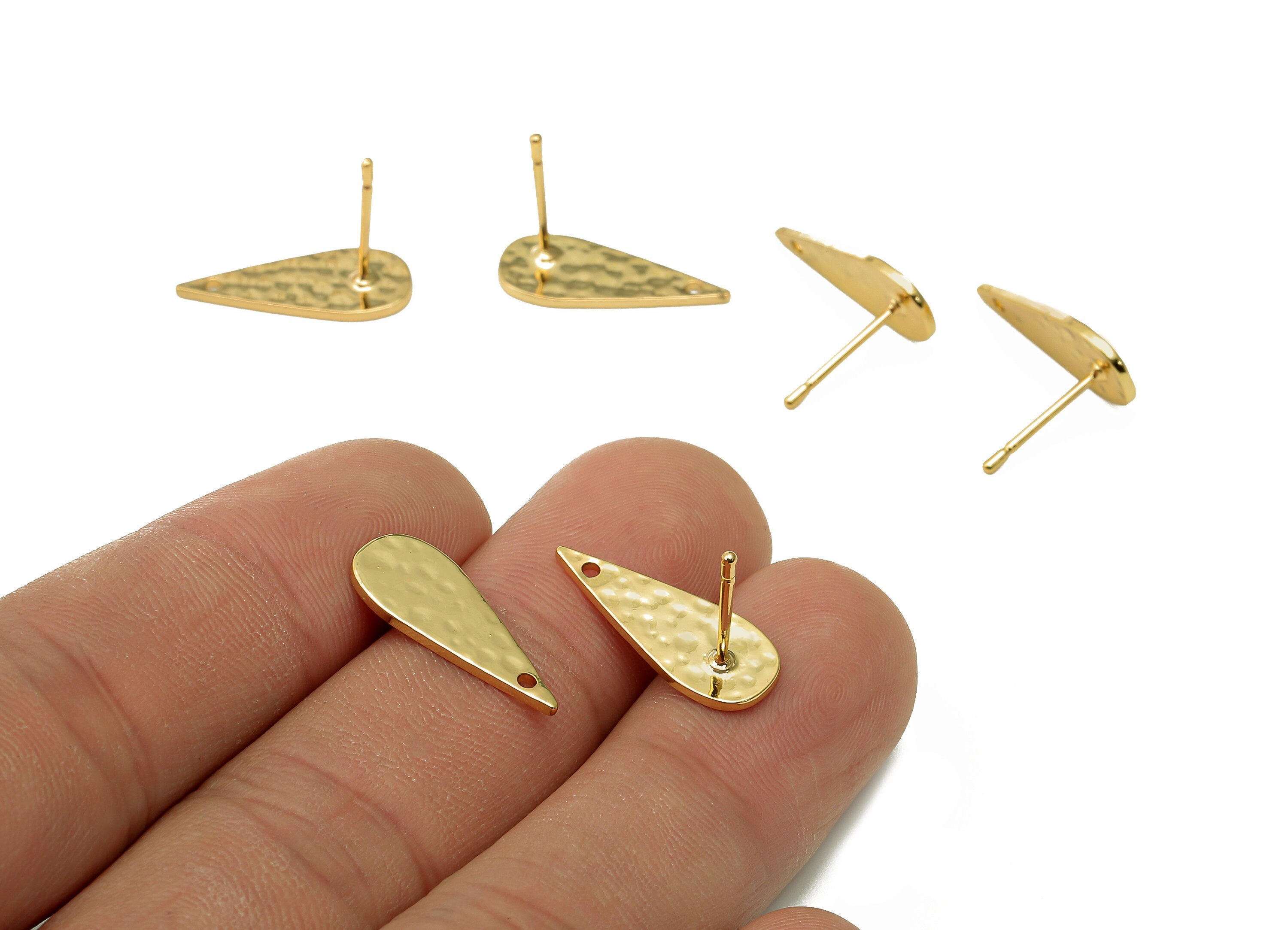 Brass Mini Drop Stud Earring - Gold Hammered Teardrop Earring Post - 316 Stainless Steel - 18K Real Gold Plating - 18.9x7.9x1.1mm - RGP5448 - DOMEDBAZAAR