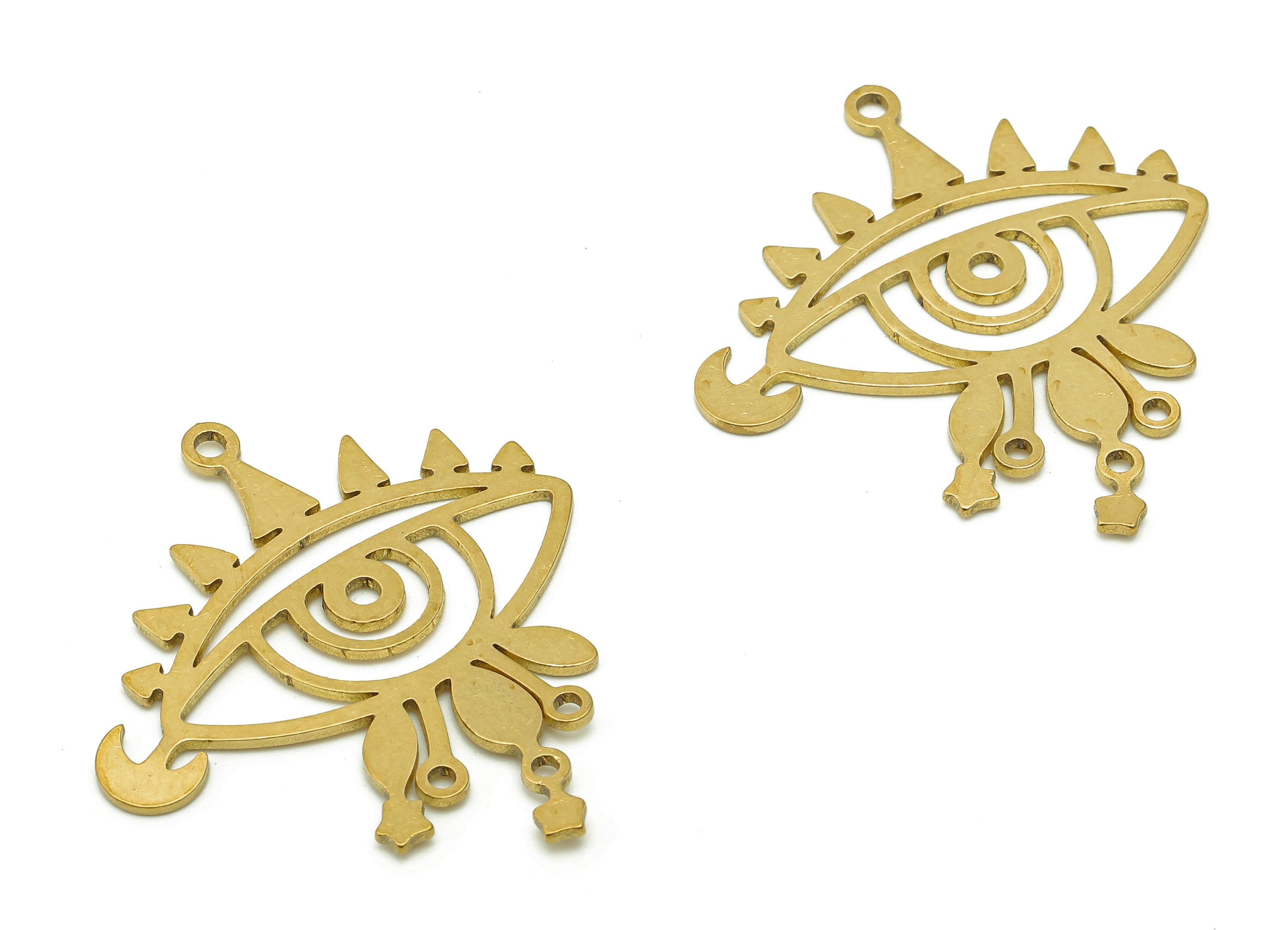 Brass Eye Crescent Earring Connectors - Raw Brass Eyelash Star Earring - Pendant With 4 Loops - Tears Charms - 33.9x30.8x0.8mm - PPZ0172 - DOMEDBAZAAR