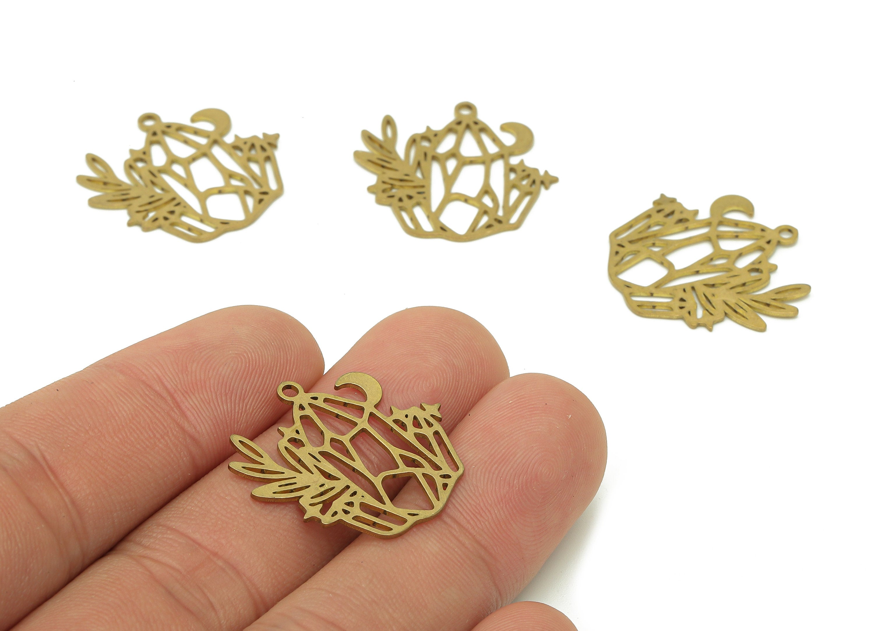 Brass Flower Crescent Earring Charms - Raw Brass Hanging Flower Earring - Pendant With Loop - Jardiniere Charm - 23.7x25x0.7mm - PPZ0196 - DOMEDBAZAAR
