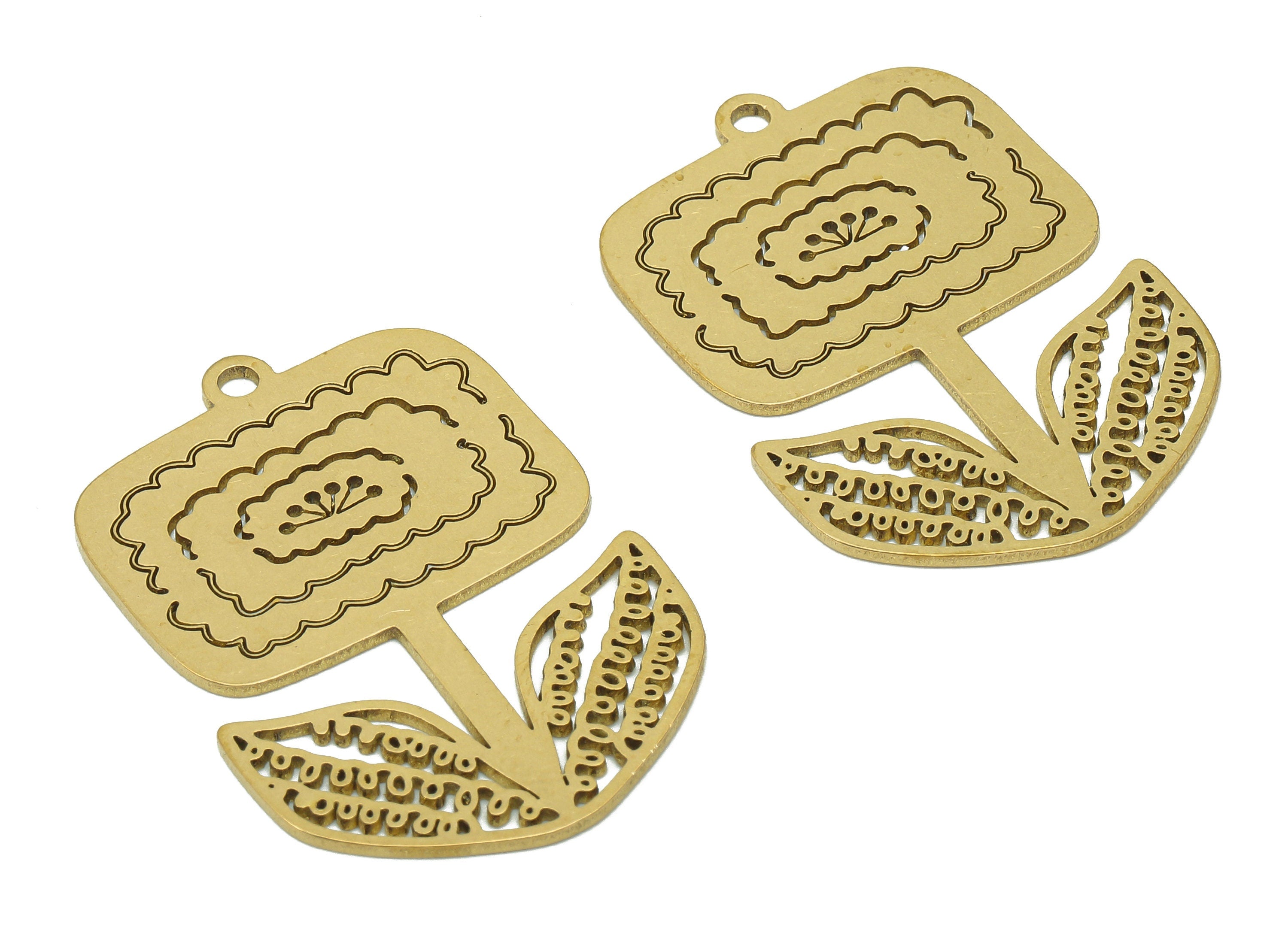 Brass Flower Square Earring Charms - Raw Brass Flower Earring - Pendant With Loop - Botanical Charm For Necklace - 37.8x24.6x0.9mm - PPA5781 - DOMEDBAZAAR