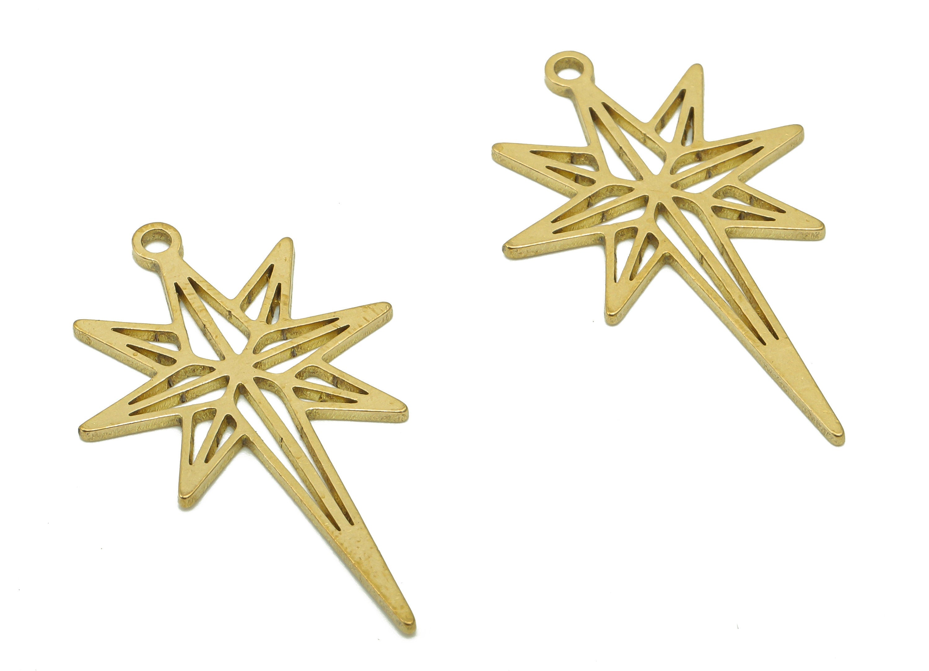 Brass North Star Earring Charm - Raw Brass Shooting Star Earring - Falling Star Pendant With Loop - For Necklace - 31.7x19.1x0.9mm - PPA6005 - DOMEDBAZAAR