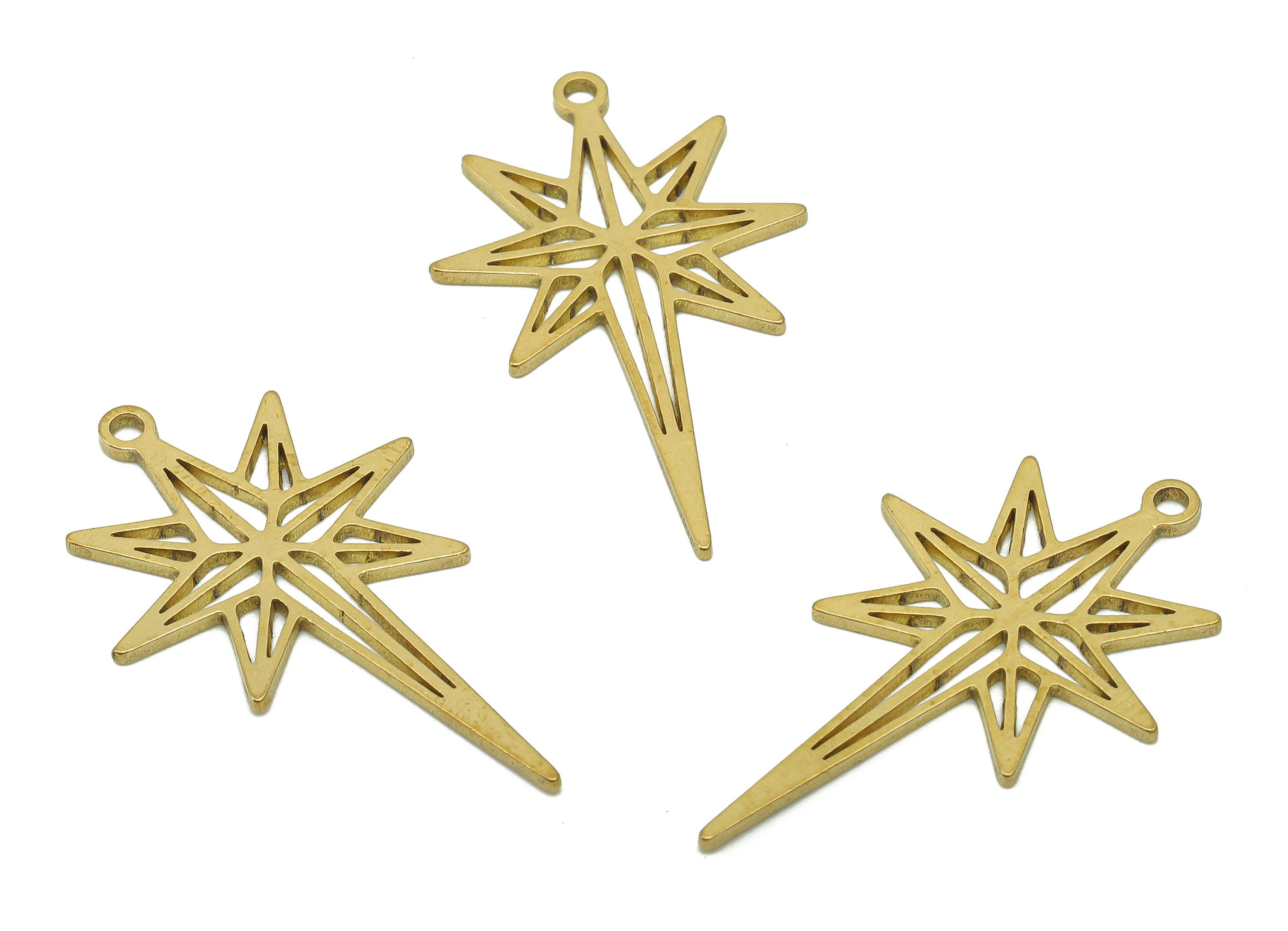 Brass North Star Earring Charm - Raw Brass Shooting Star Earring - Falling Star Pendant With Loop - For Necklace - 31.7x19.1x0.9mm - PPA6005 - DOMEDBAZAAR