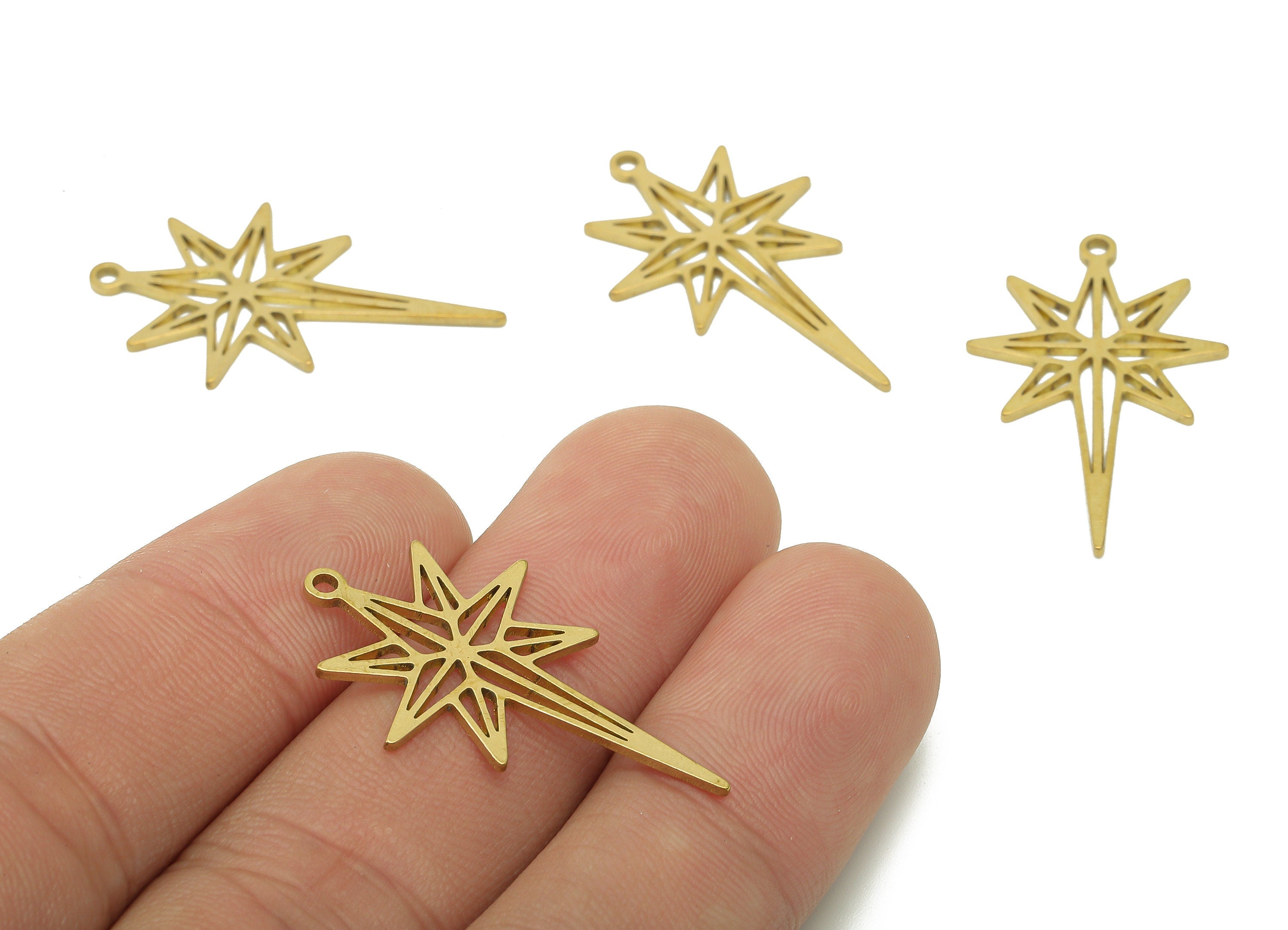 Brass North Star Earring Charm - Raw Brass Shooting Star Earring - Falling Star Pendant With Loop - For Necklace - 31.7x19.1x0.9mm - PPA6005 - DOMEDBAZAAR