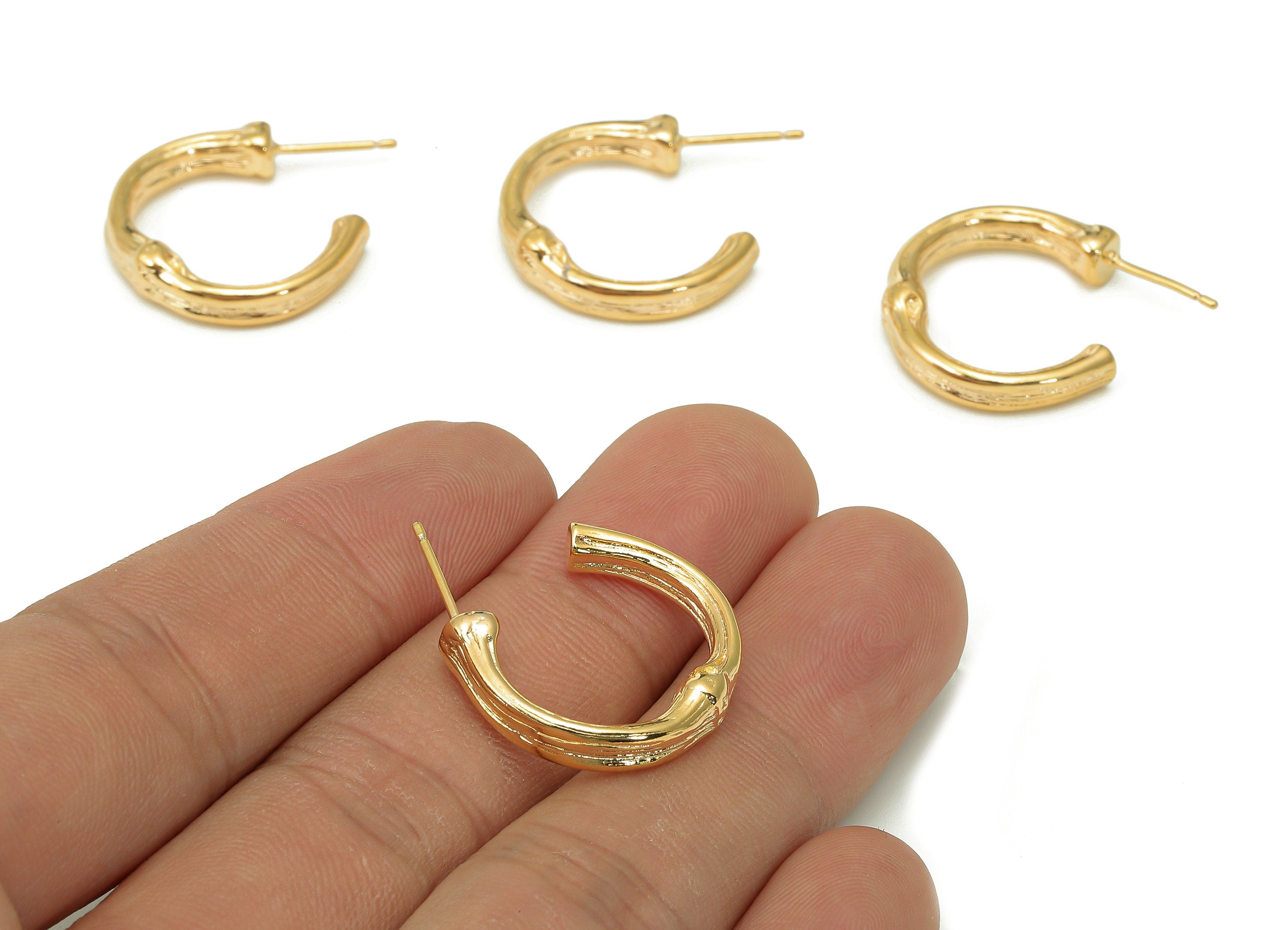 Brass Thick Hoop Stud Earrings - Textured Bamboo Earring Post - 316 Stainless Steel Stud - 18K Real Gold Plating - 27.5x22.4x4.8mm - RGP5527 - DOMEDBAZAAR