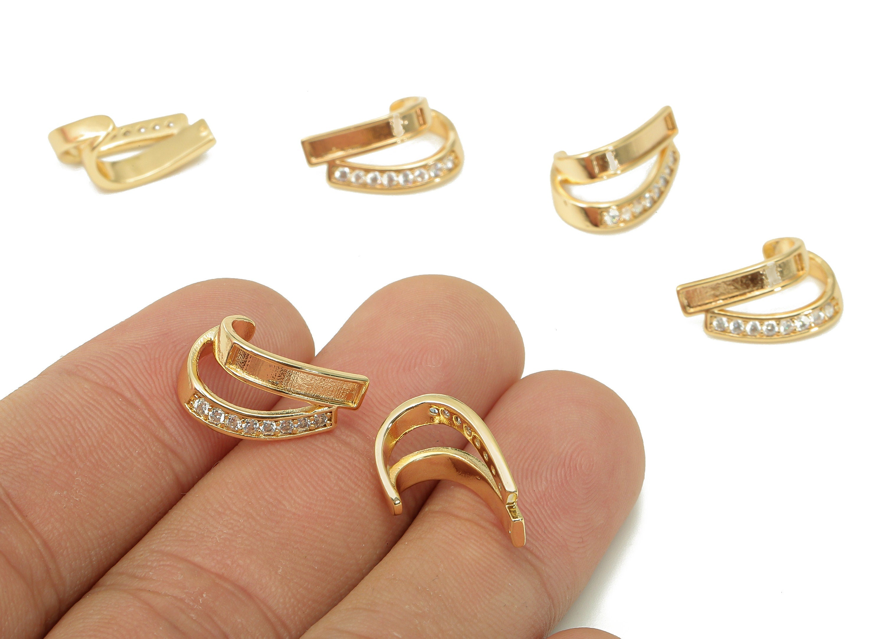 Brass Open Round J Ring - Curved Hollow Hoop With Zircon - For Stud Earring - 18K Real Gold Plated Brass - 16.29x9.78x1.95mm - RGP5455 - DOMEDBAZAAR