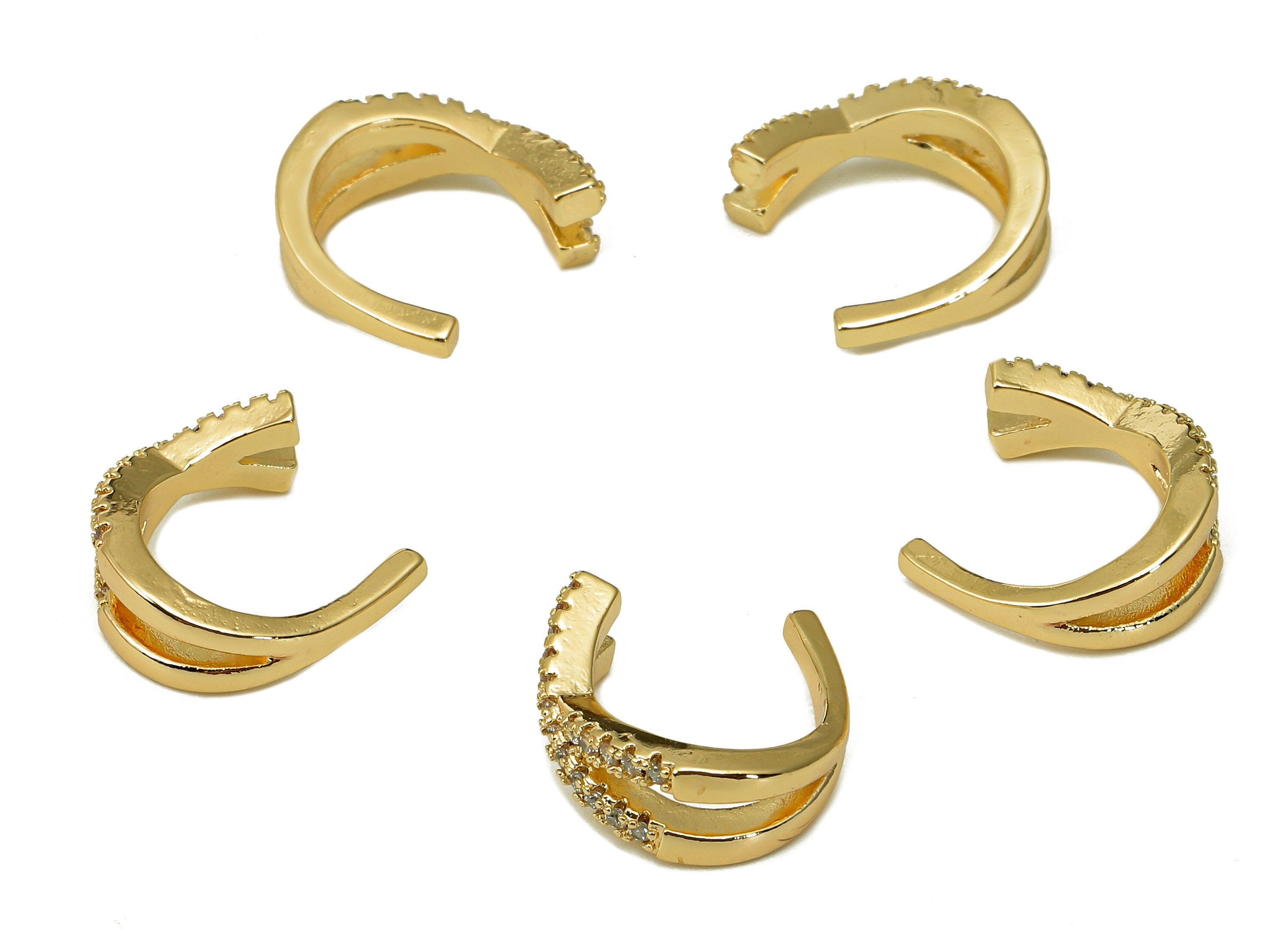 Brass Intersect Open Round C Ring - X Ear Cuff With Zircon - Open Hoop For Stud Earring - 18K Real Gold Plating - 12.1x12.5x1.9mm - RGP5456 - DOMEDBAZAAR