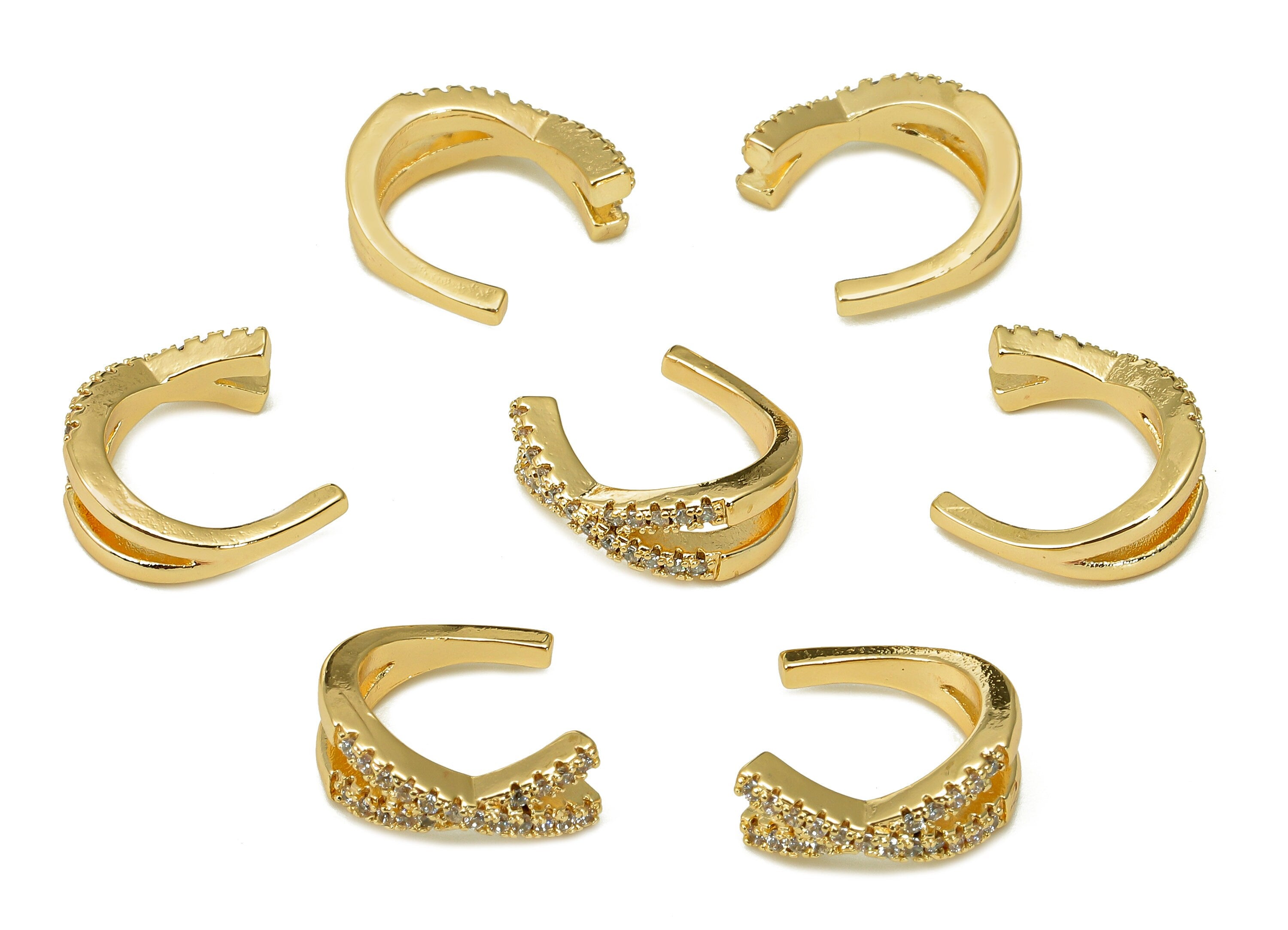 Brass Intersect Open Round C Ring - X Ear Cuff With Zircon - Open Hoop For Stud Earring - 18K Real Gold Plating - 12.1x12.5x1.9mm - RGP5456 - DOMEDBAZAAR