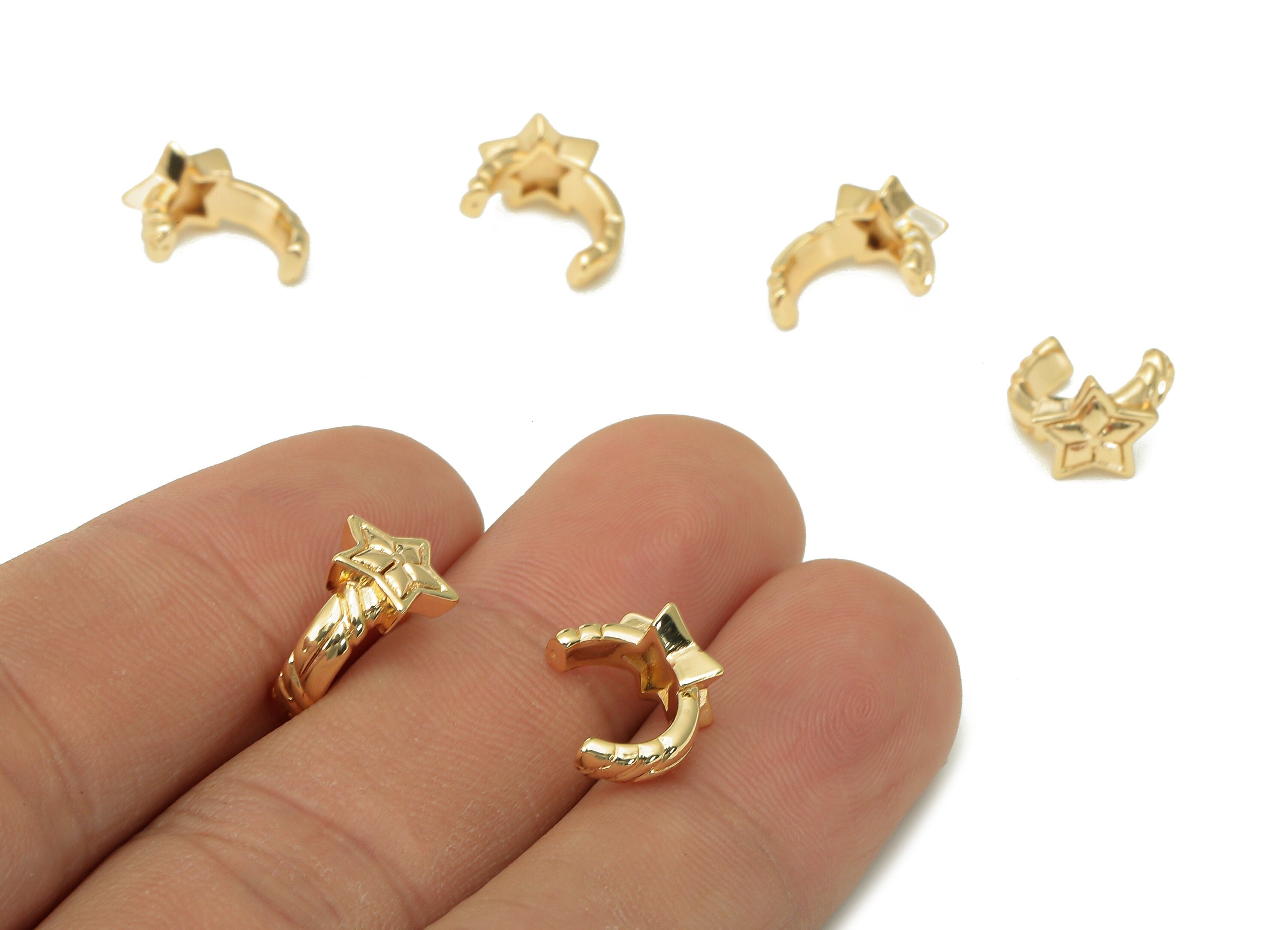 Brass Star Open Round C Ring - Textured Earring Cuff - Hoop Charm For Stud Earring - 18K Real Gold Plating Cuff Ear - 11.8x8.5x2.2mm-RGP5533 - DOMEDBAZAAR