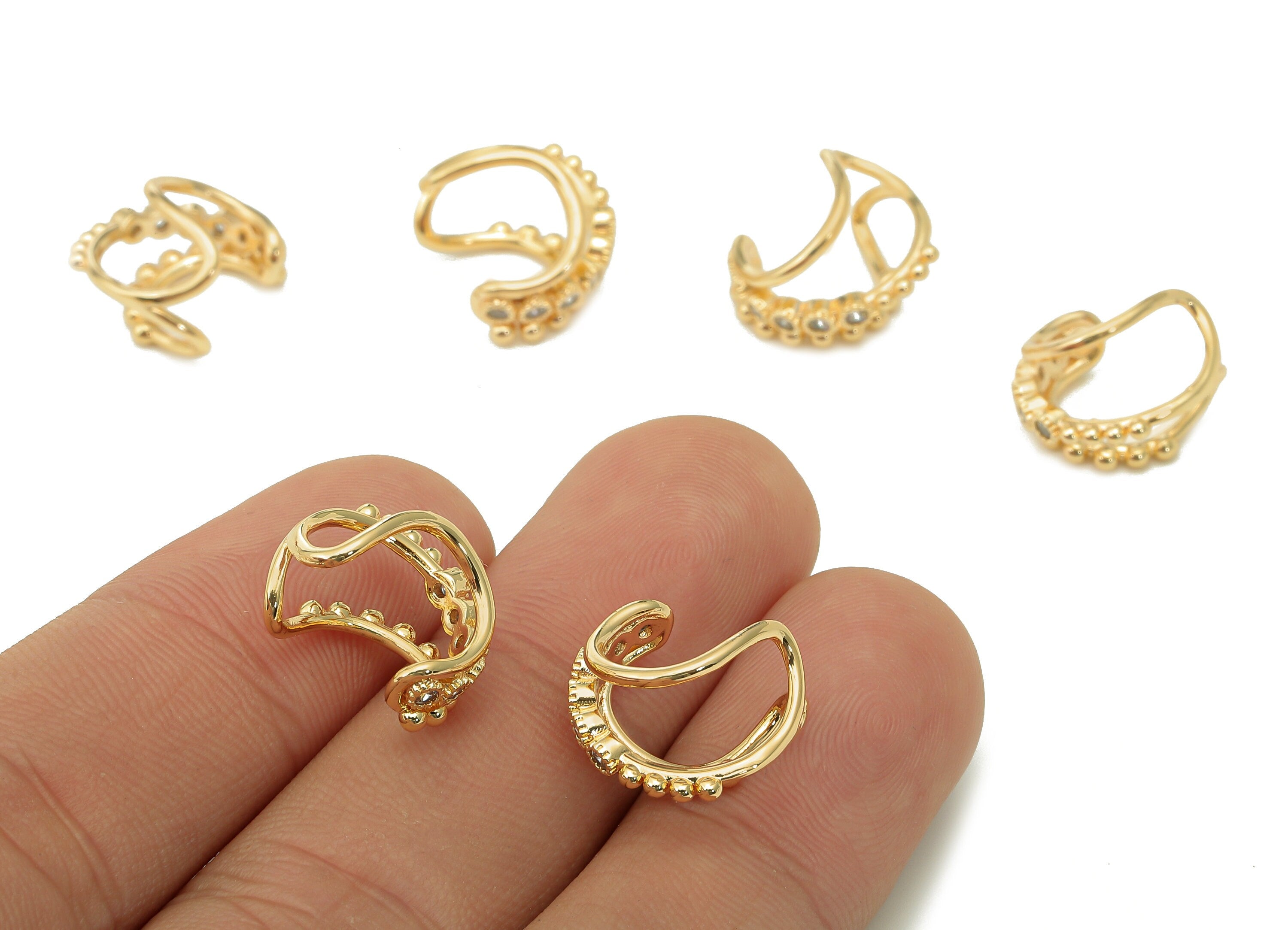 Brass Beads Open Round C Ring - Mini Beads With Zircon - Curved Hollow Hoop Ear Cuff - 18K Real Gold Plated Brass - 14.6x13x1.86mm - RGP5457 - DOMEDBAZAAR