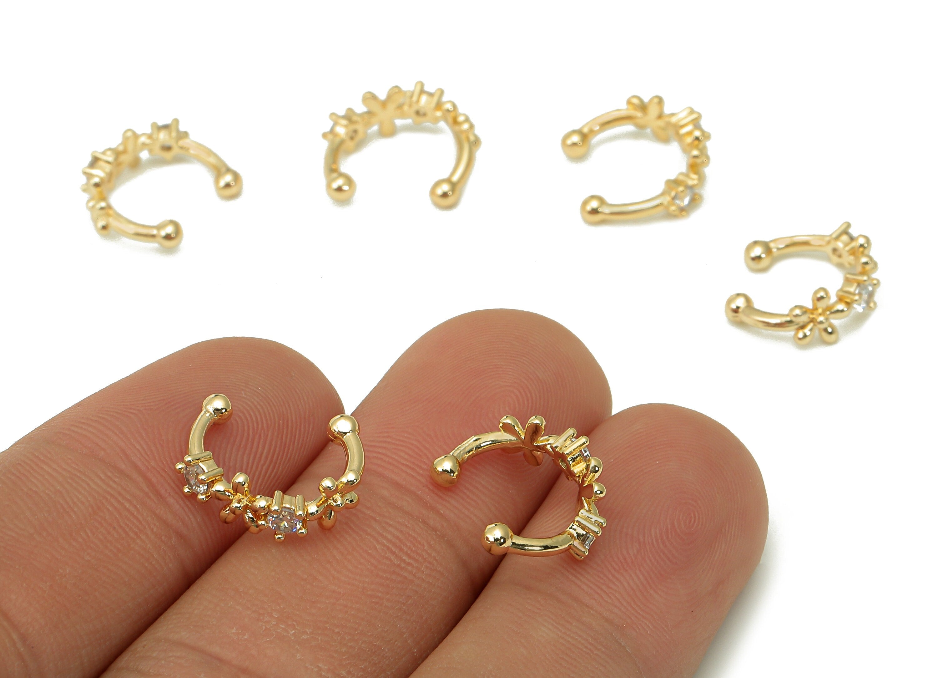 Brass Flower Open Round C Ring - Septum Ring With Zircon - Cartilage Earring - 18K Real Gold Plated Brass - 14.23x11.34x2.13mm - RGP5458 - DOMEDBAZAAR