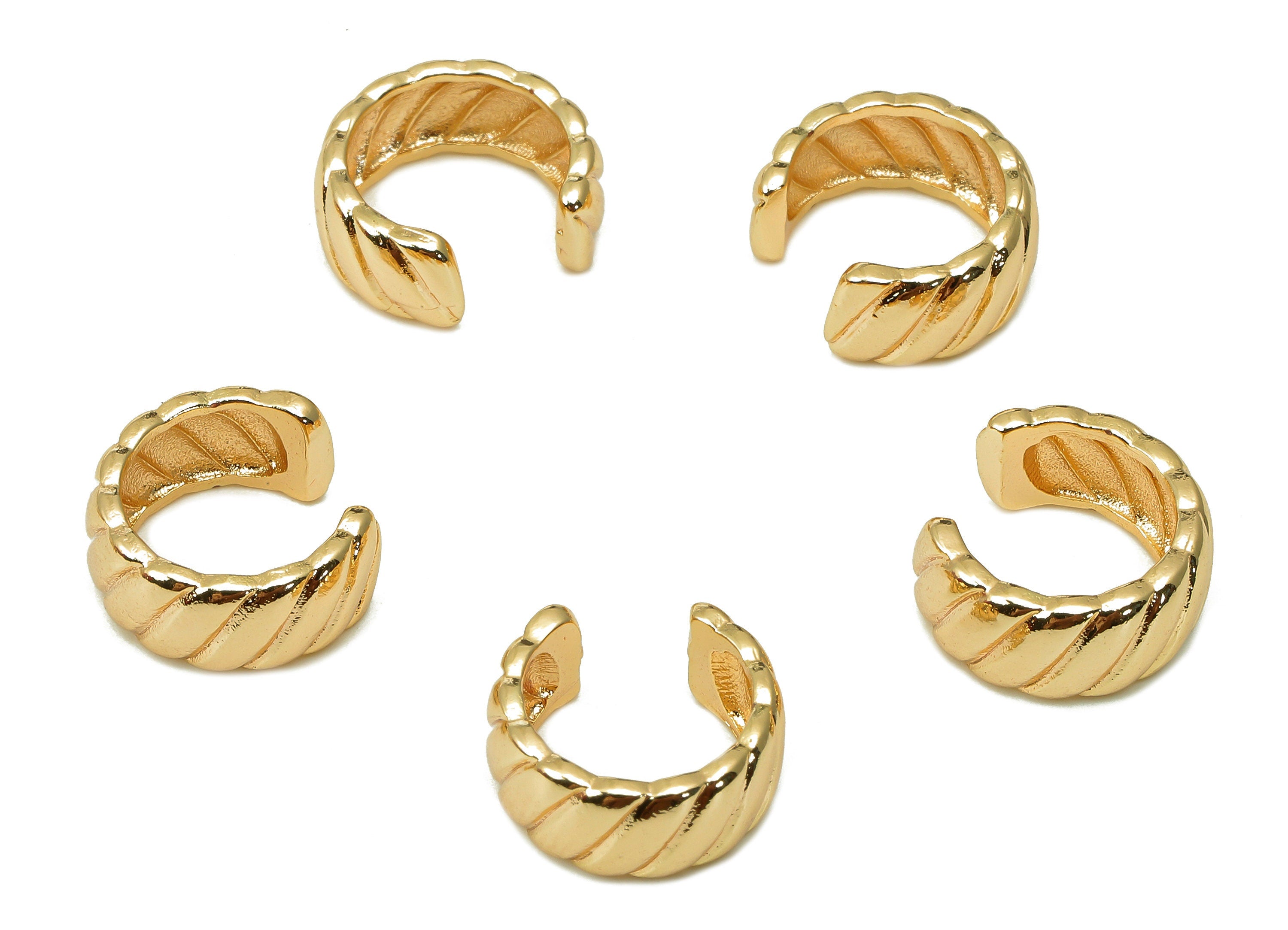 Brass Twisted Open Round C Ring - Huggie Hoop Earring Clip - Wide Textured Cuff Ear - 18K Real Gold Plating - 12.03x11.58x1.57mm - RGP5462 - DOMEDBAZAAR