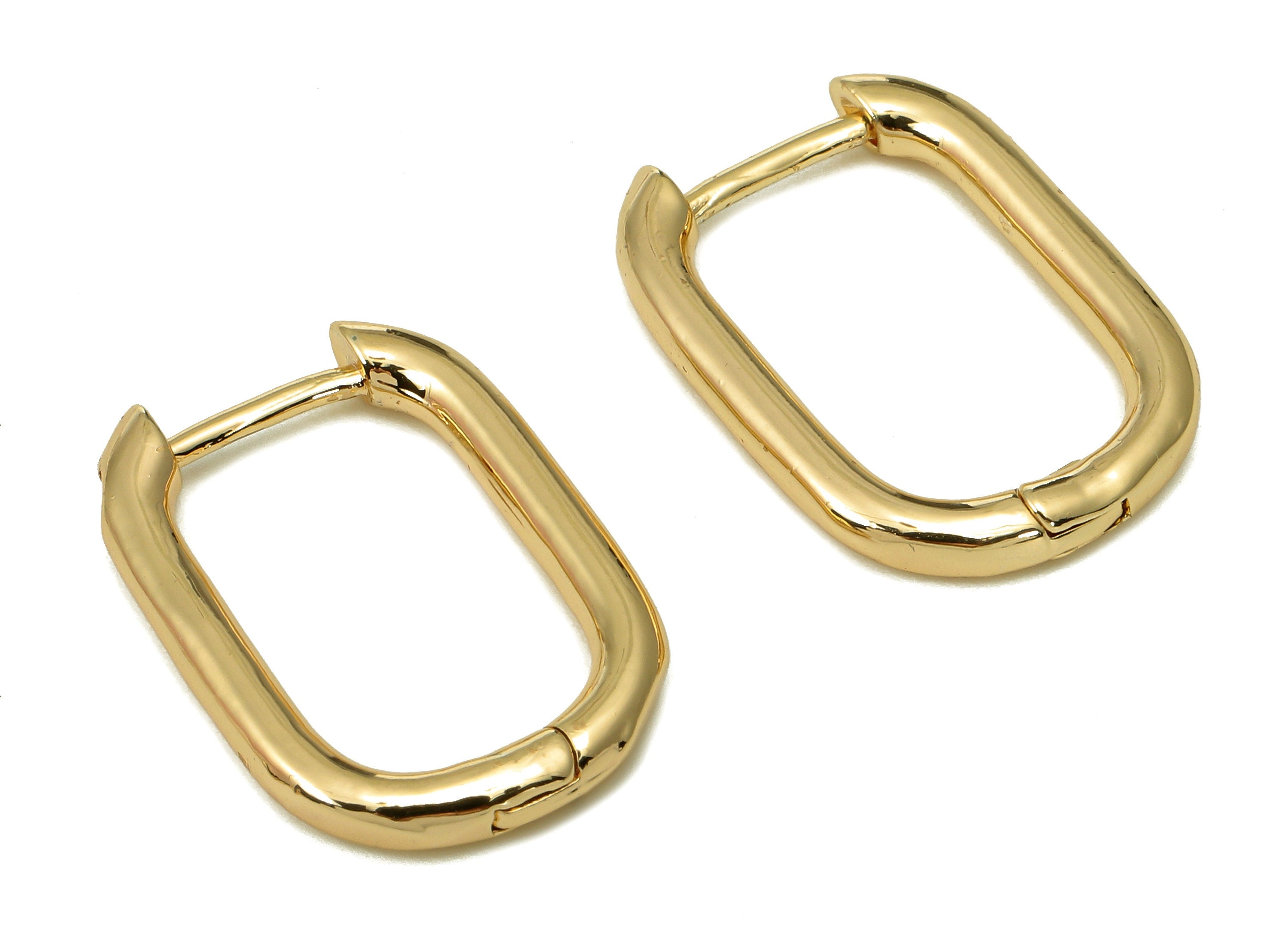 Brass Huggie Hoop Rectangle Earrings - Chunky Gold Huggie Earrings Clasp - U Hoop Clasps - 18K Real Gold Plating - 22.4x15.4x2.7mm - RGP5491 - DOMEDBAZAAR