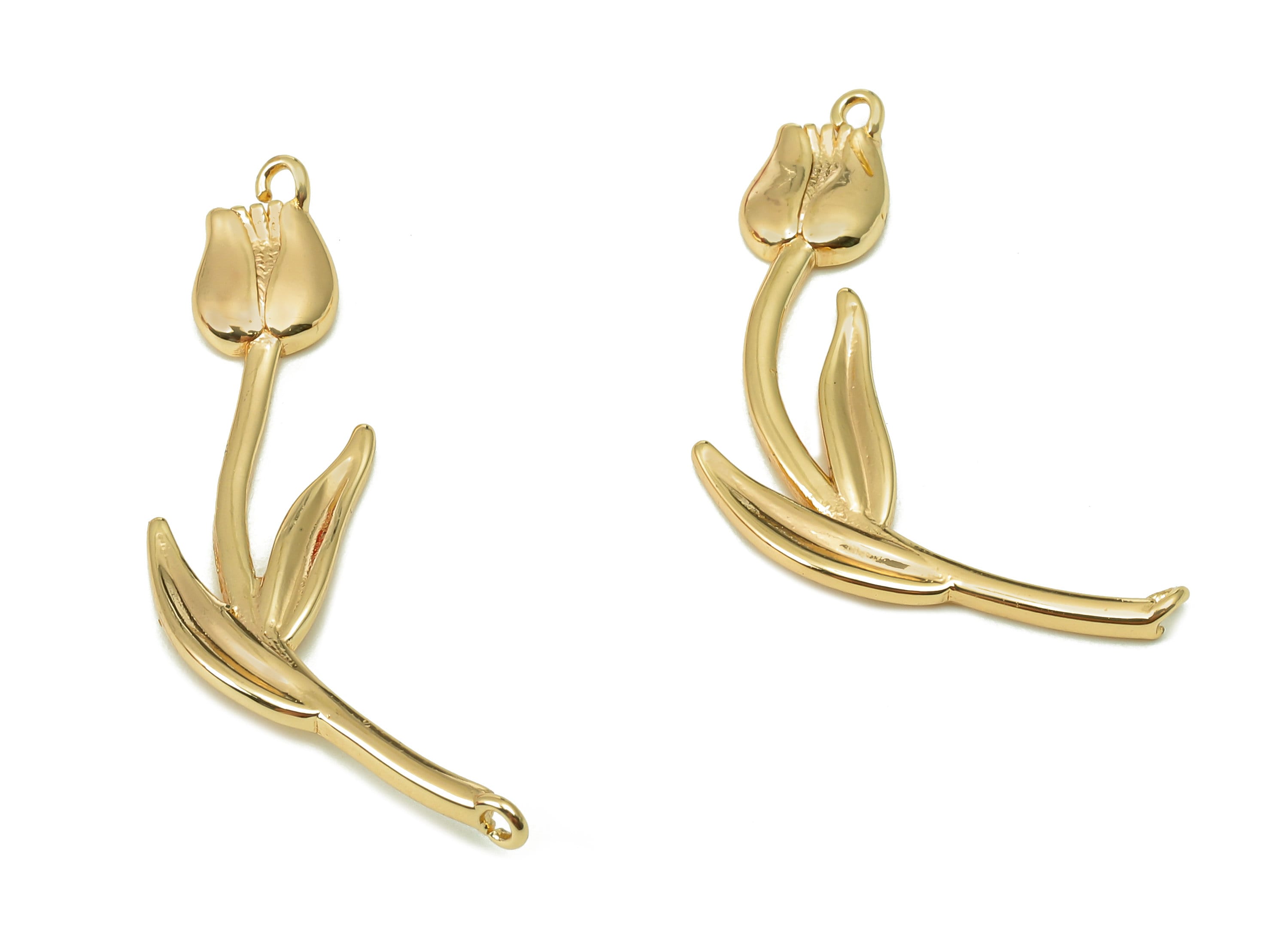 Brass Tulip Flower Connector - Earring With Hook - Pendant With Loop - Charm For Necklace - 18K Real Gold Plating - 33.7x9.3x1.4mm - RGP5490 - DOMEDBAZAAR