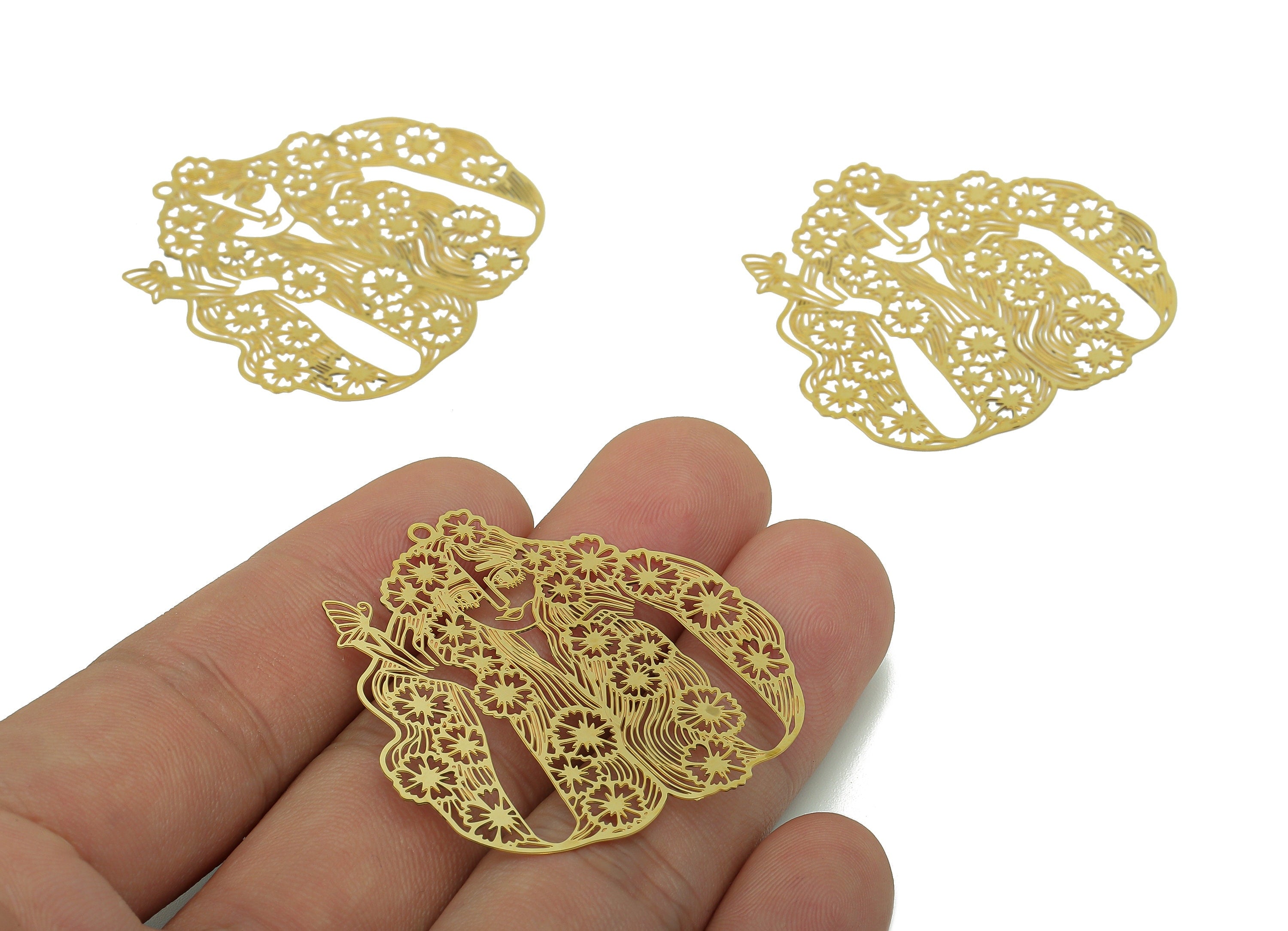 Brass Flower Girl Earrings Charm - Raw Brass Girl Butterfly Earring - Pendant With Loop - Light Thin Charms - 40.3x42.2x0.3mm - JJB7132 - DOMEDBAZAAR