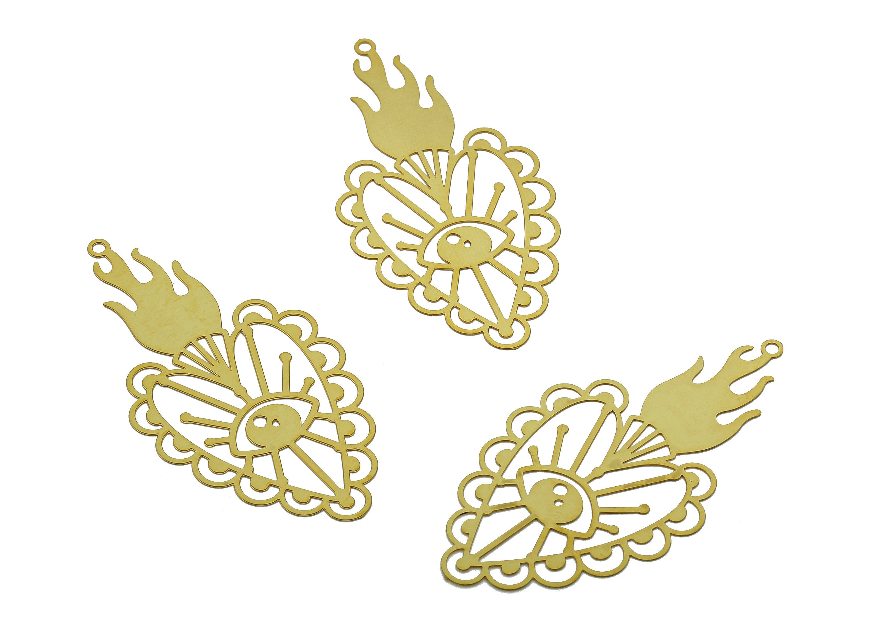 Brass Eye Flame Heart Charm - Raw Brass Eyelash Flower Earring - Fire Pendant With Loop - Light Thin Charms - 50.4x25.3x0.3mm - JJB7283 - DOMEDBAZAAR