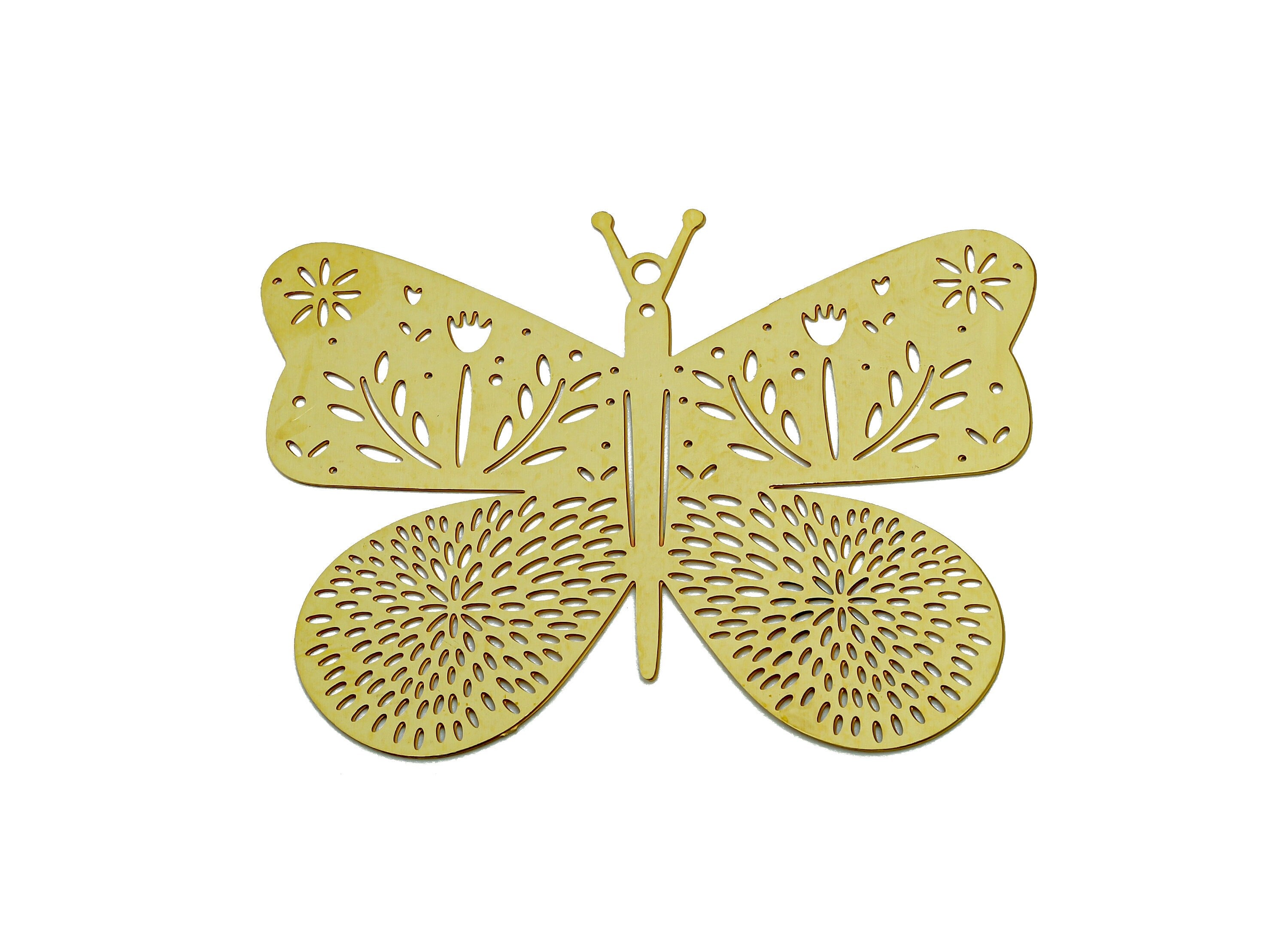 Brass Flower Butterfly Earrings Charm - Raw Brass Dots Leaves Earring - Leaf Pendant With Loop - Light Thin Charms - 43x33.2x0.3mm - JJB7284 - DOMEDBAZAAR