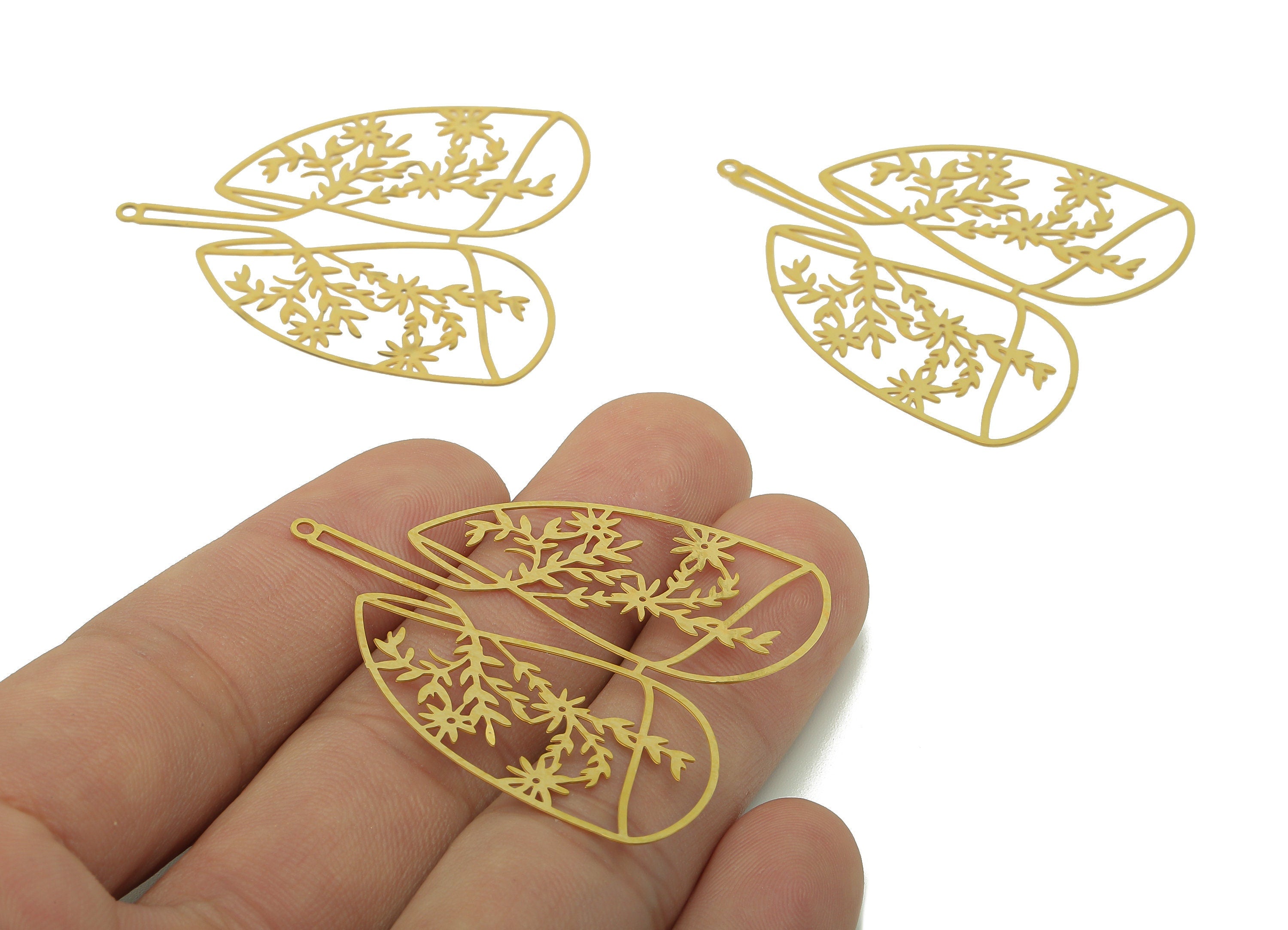 Brass Flower Lung Earrings Charm - Raw Brass Leaf Organ Earring - Leaves Pendant With Loop - Light Thin Charms - 45.3x39.8x0.2mm - JJB7285 - DOMEDBAZAAR
