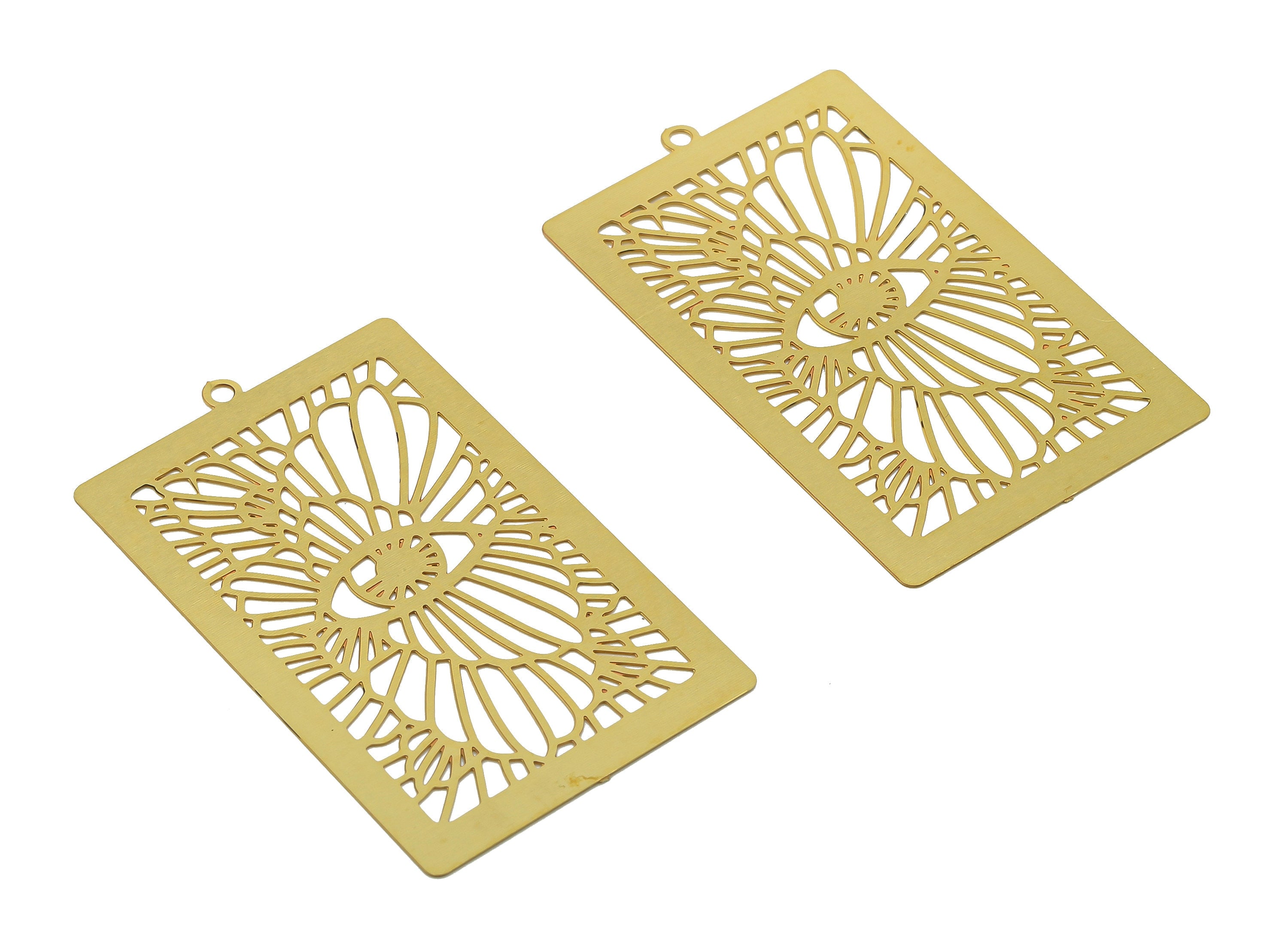 Brass Eye Rectangle Earrings Charm - Raw Brass Eyelash Hollow Earring - Pendant With Loop - Light Thin Charms - 42.3x25.3x0.3mm - JJB7287 - DOMEDBAZAAR