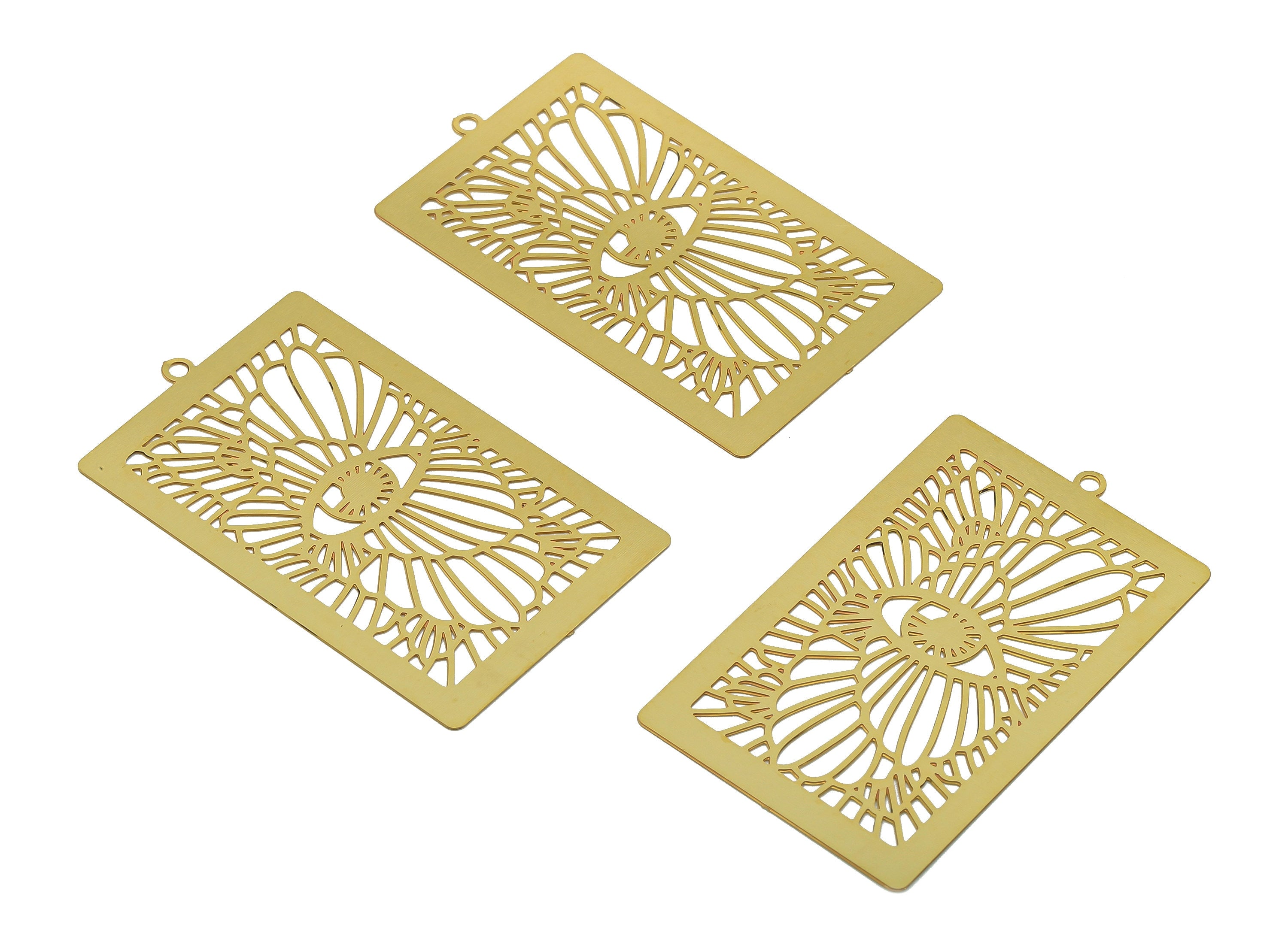 Brass Eye Rectangle Earrings Charm - Raw Brass Eyelash Hollow Earring - Pendant With Loop - Light Thin Charms - 42.3x25.3x0.3mm - JJB7287 - DOMEDBAZAAR