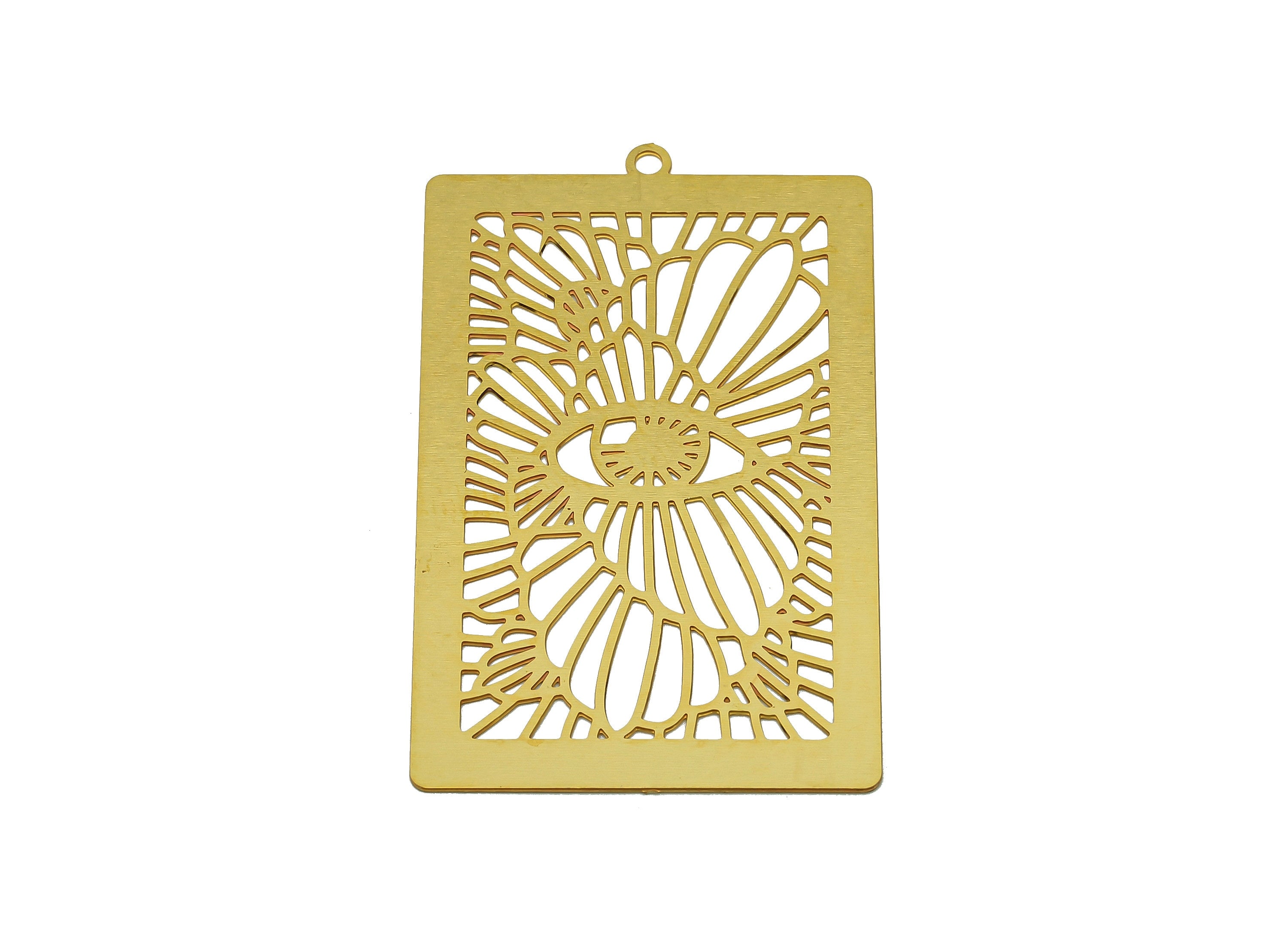 Brass Eye Rectangle Earrings Charm - Raw Brass Eyelash Hollow Earring - Pendant With Loop - Light Thin Charms - 42.3x25.3x0.3mm - JJB7287 - DOMEDBAZAAR