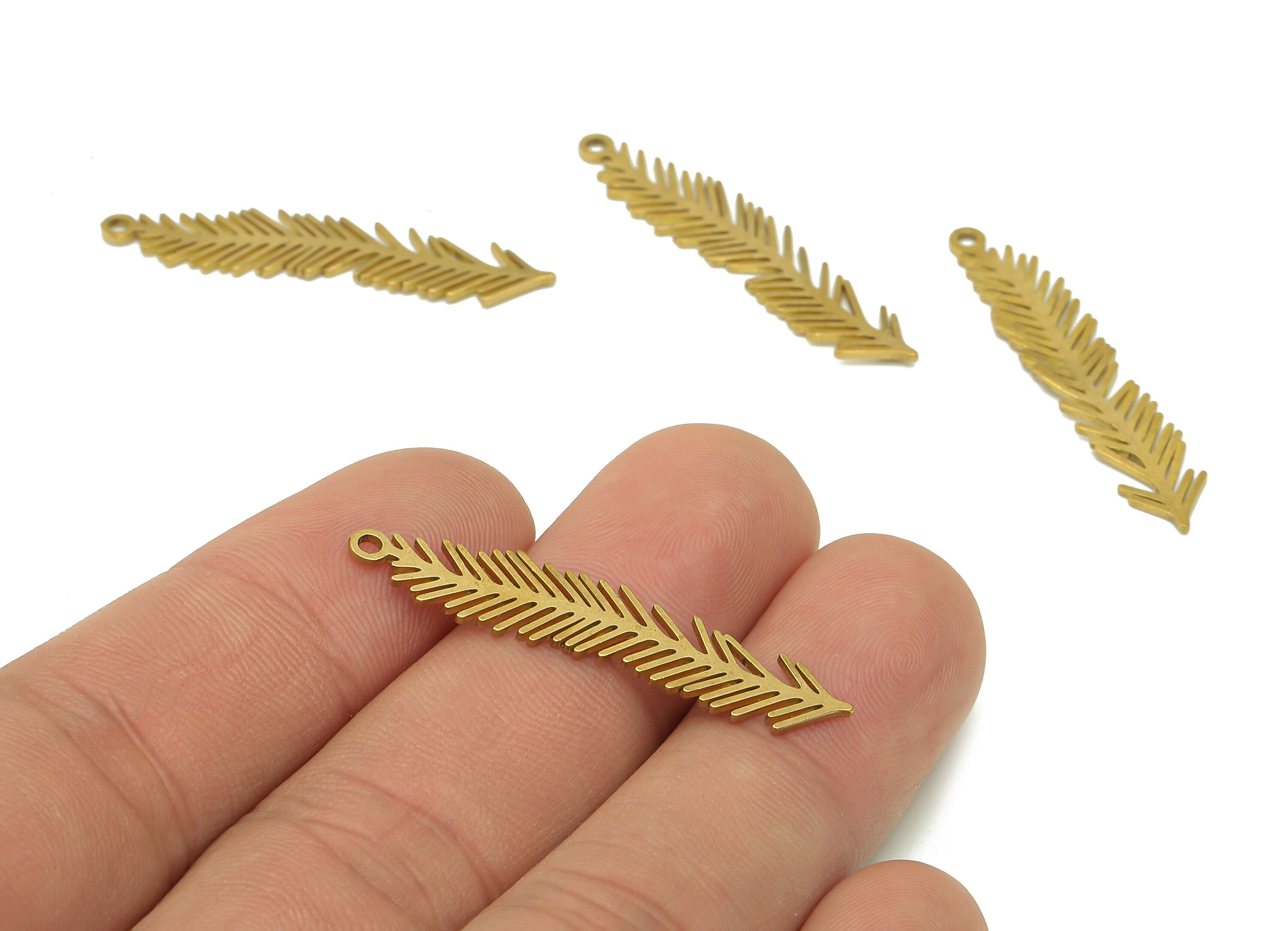 Brass Acicular Spruce Earring Charm - Raw Brass Pine Leaves Earring - Yew Pendant With Loop - Botanical Charm - 37.8x7.6x0.8mm - PPA6287 - DOMEDBAZAAR