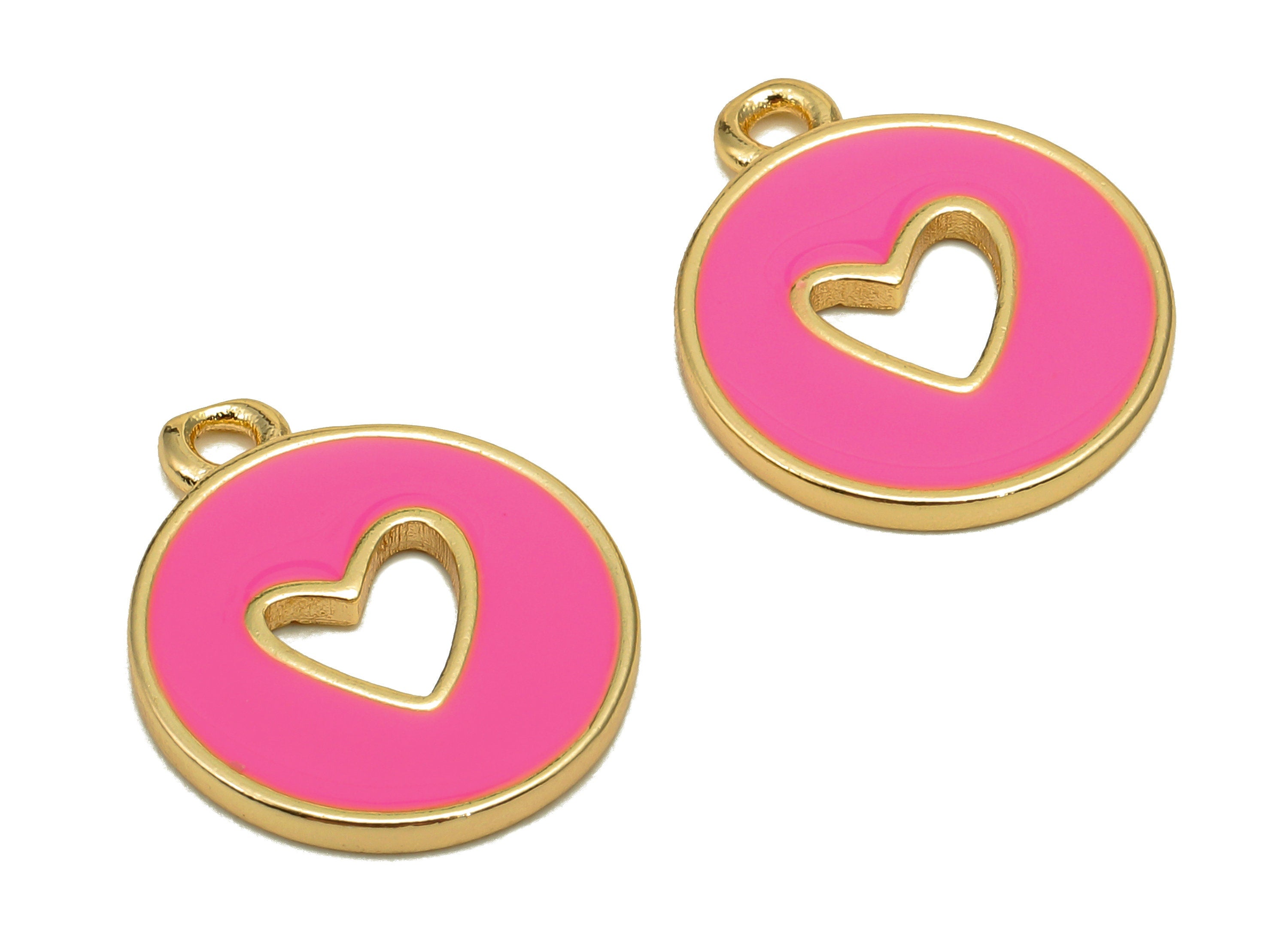 Brass Round Heart Hollow Earring - Light Pink Enamel Dot Charm - Circle Pendant With Loop - 18K Real Gold Plating - 18x14.9x1.4mm - RGP5589D - DOMEDBAZAAR