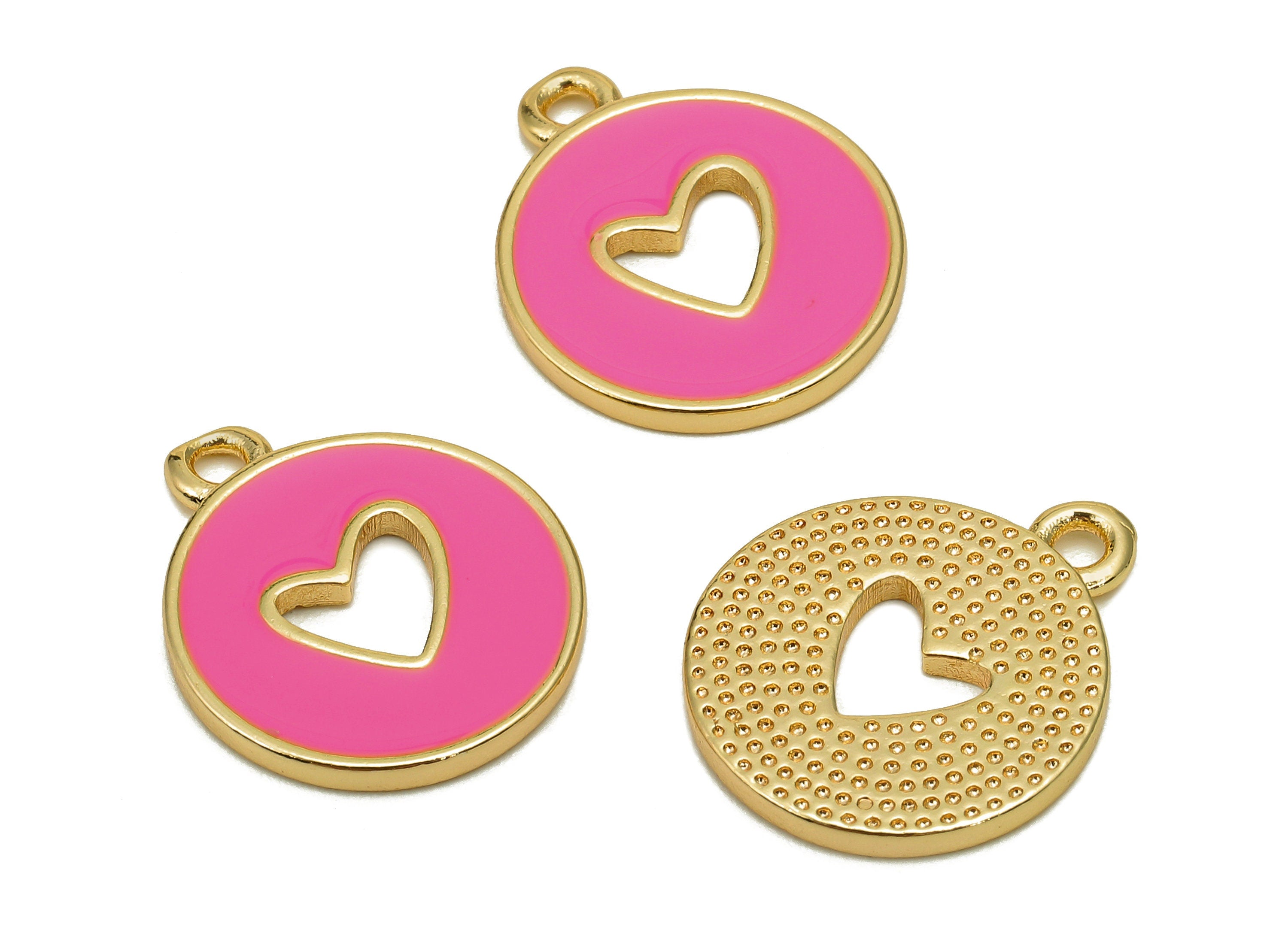 Brass Round Heart Hollow Earring - Light Pink Enamel Dot Charm - Circle Pendant With Loop - 18K Real Gold Plating - 18x14.9x1.4mm - RGP5589D - DOMEDBAZAAR