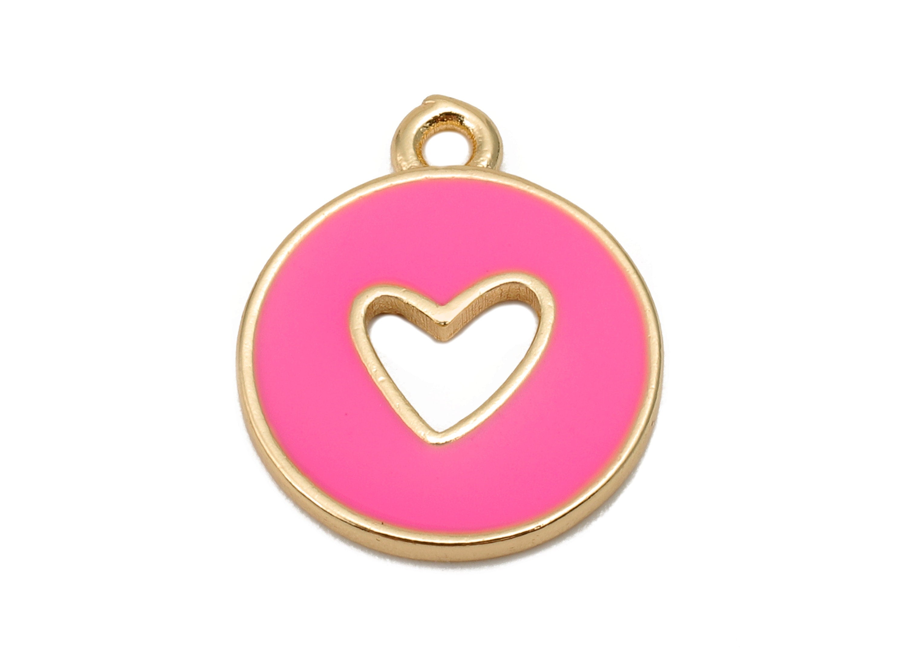 Brass Round Heart Hollow Earring - Light Pink Enamel Dot Charm - Circle Pendant With Loop - 18K Real Gold Plating - 18x14.9x1.4mm - RGP5589D - DOMEDBAZAAR