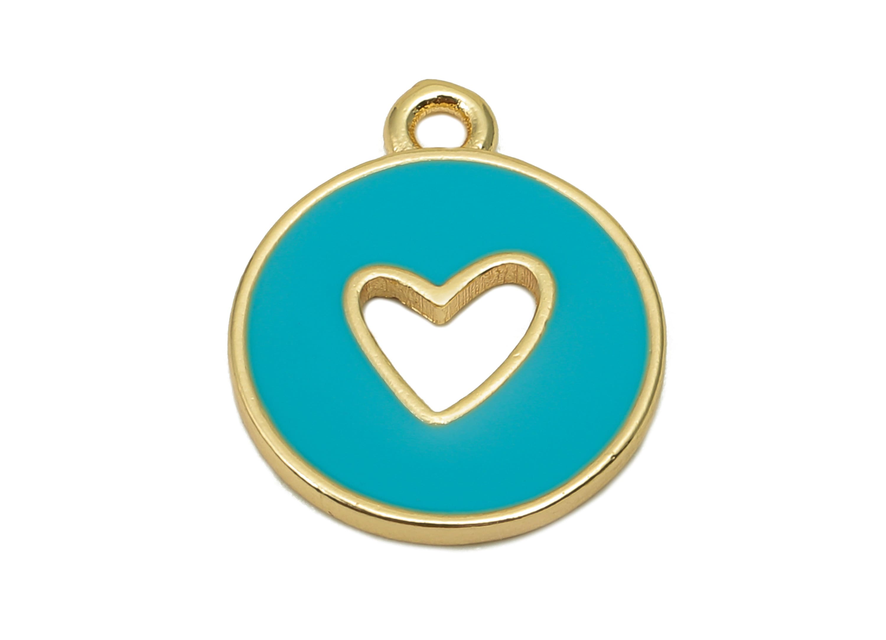 Brass Round Heart Hollow Earring - Light Blue Enamel Dot Charm - Circle Pendant With Loop - 18K Real Gold Plating - 18x14.9x1.4mm - RGP5589E - DOMEDBAZAAR