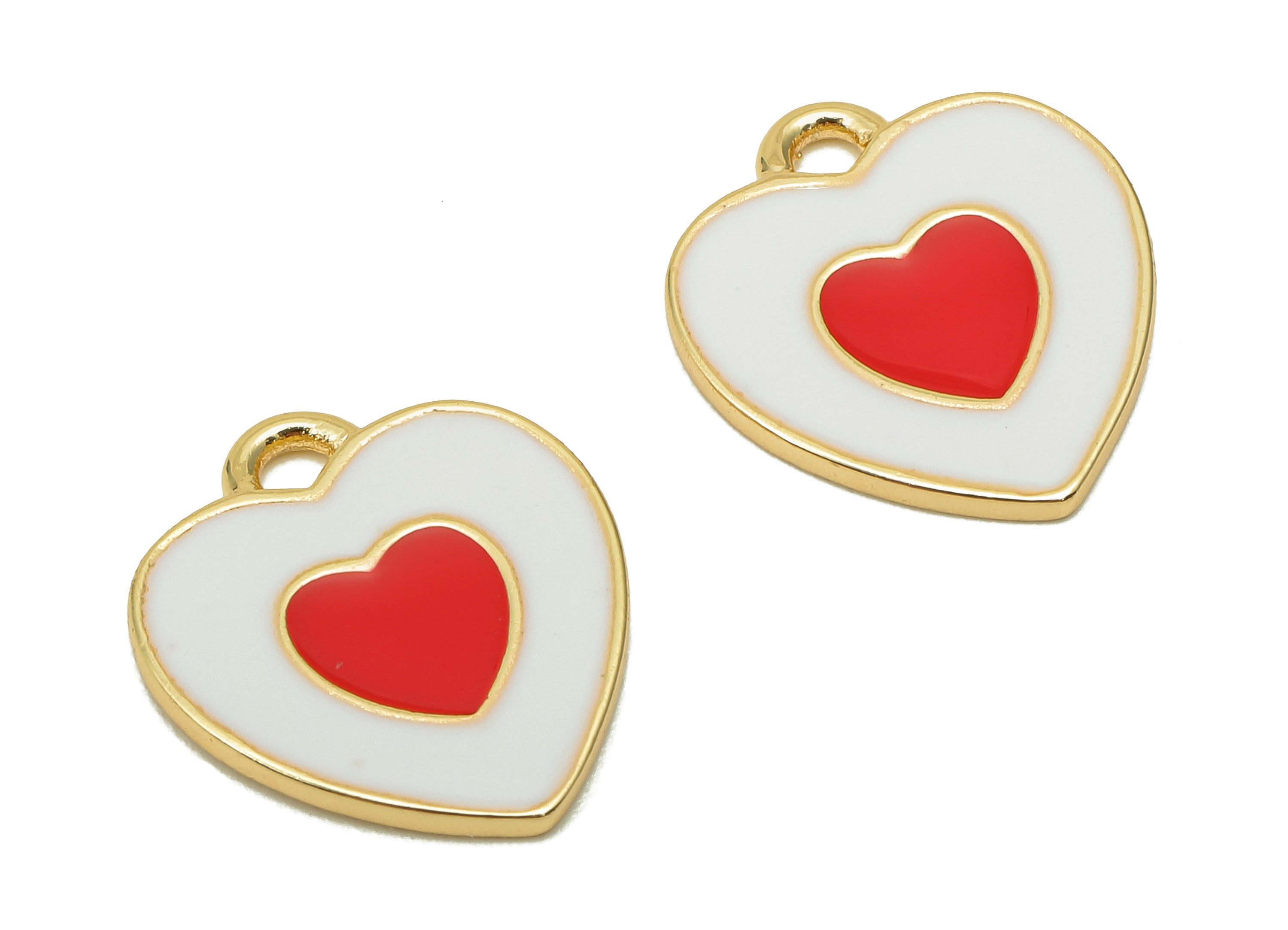 Brass Dot Heart Earring - White & Red Enamel Heart Charm - Spot Heart Pendant With Loop - 18K Real Gold Plating - 17x14.8x1.3mm - RGP5591B - DOMEDBAZAAR