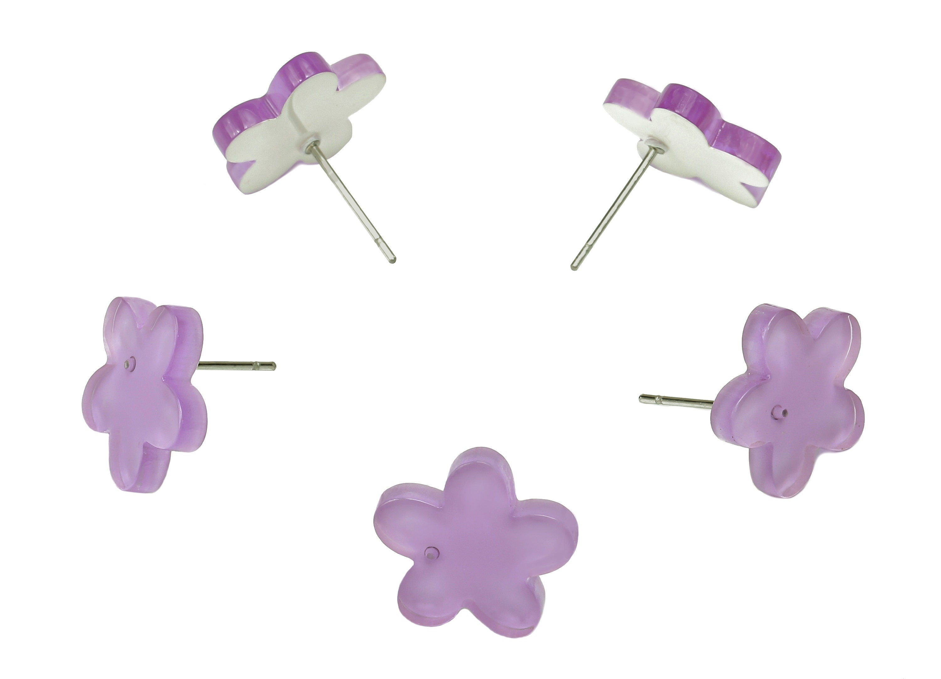 Acrylic Flower Earring Post - Clear Purple Flower Stud Earring - 316 Stainless Steel Stud - Color Code: A853 - 14.6x14.4x2.4mm -AC1333A-A853 - DOMEDBAZAAR