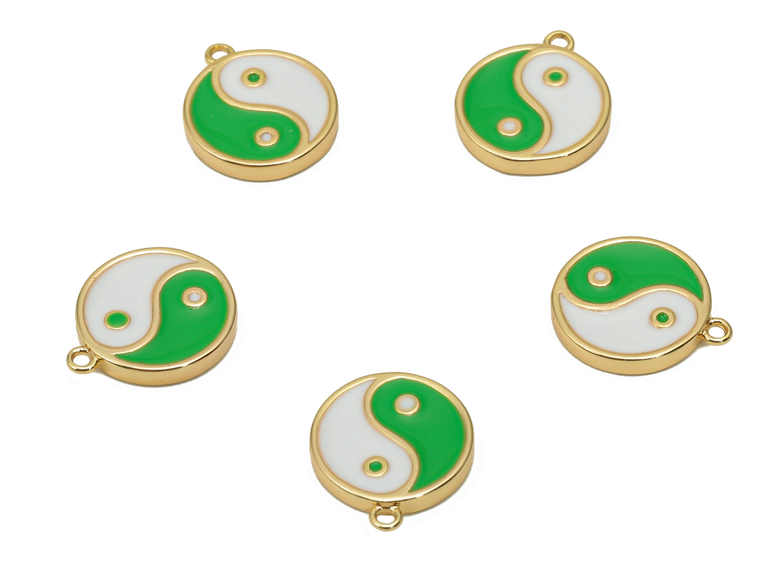 Brass Mini Round Dot Earring - White & Green Enamel Charm - Yin and Yang Pendant With Loop - 18K Real Gold Plating -11.8x10.1x1.7mm-RGP5592A - DOMEDBAZAAR