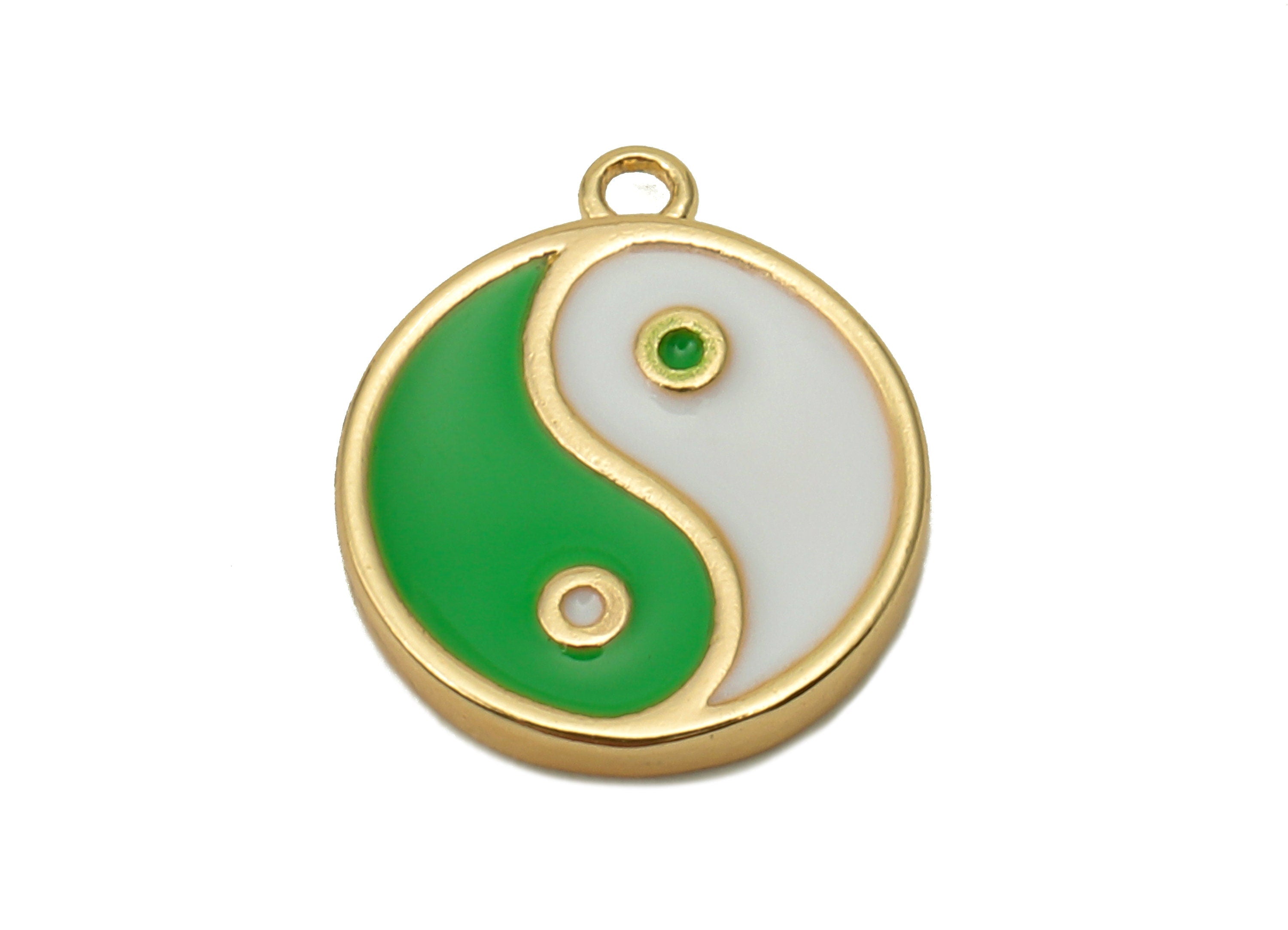 Brass Mini Round Dot Earring - White & Green Enamel Charm - Yin and Yang Pendant With Loop - 18K Real Gold Plating -11.8x10.1x1.7mm-RGP5592A - DOMEDBAZAAR