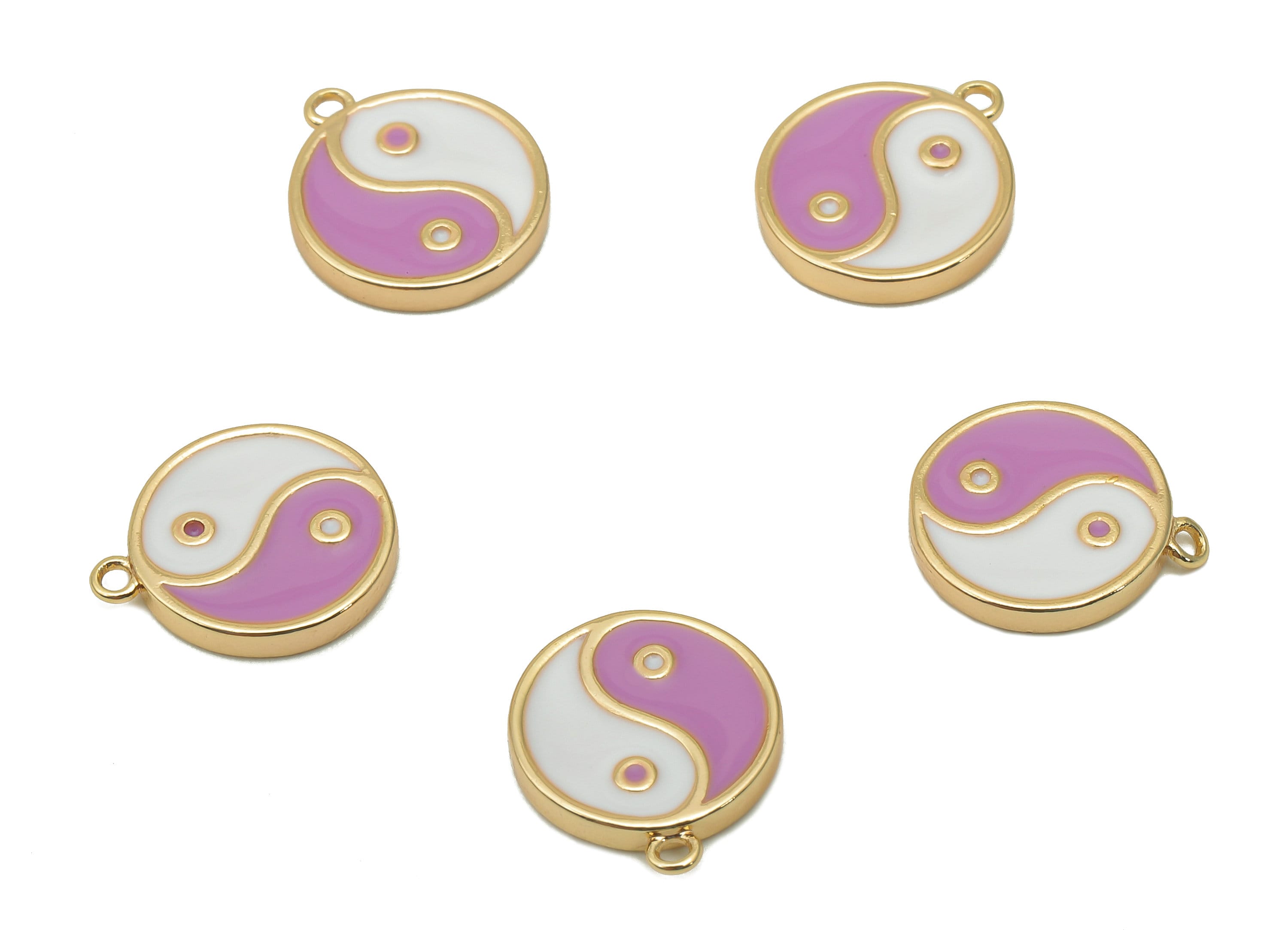 Brass Mini Round Dot Earring - White & Purple Enamel Charm - Yin and Yang Pendant With Loop - 18K Real Gold Plating-11.8x10.1x1.7mm-RGP5592B - DOMEDBAZAAR