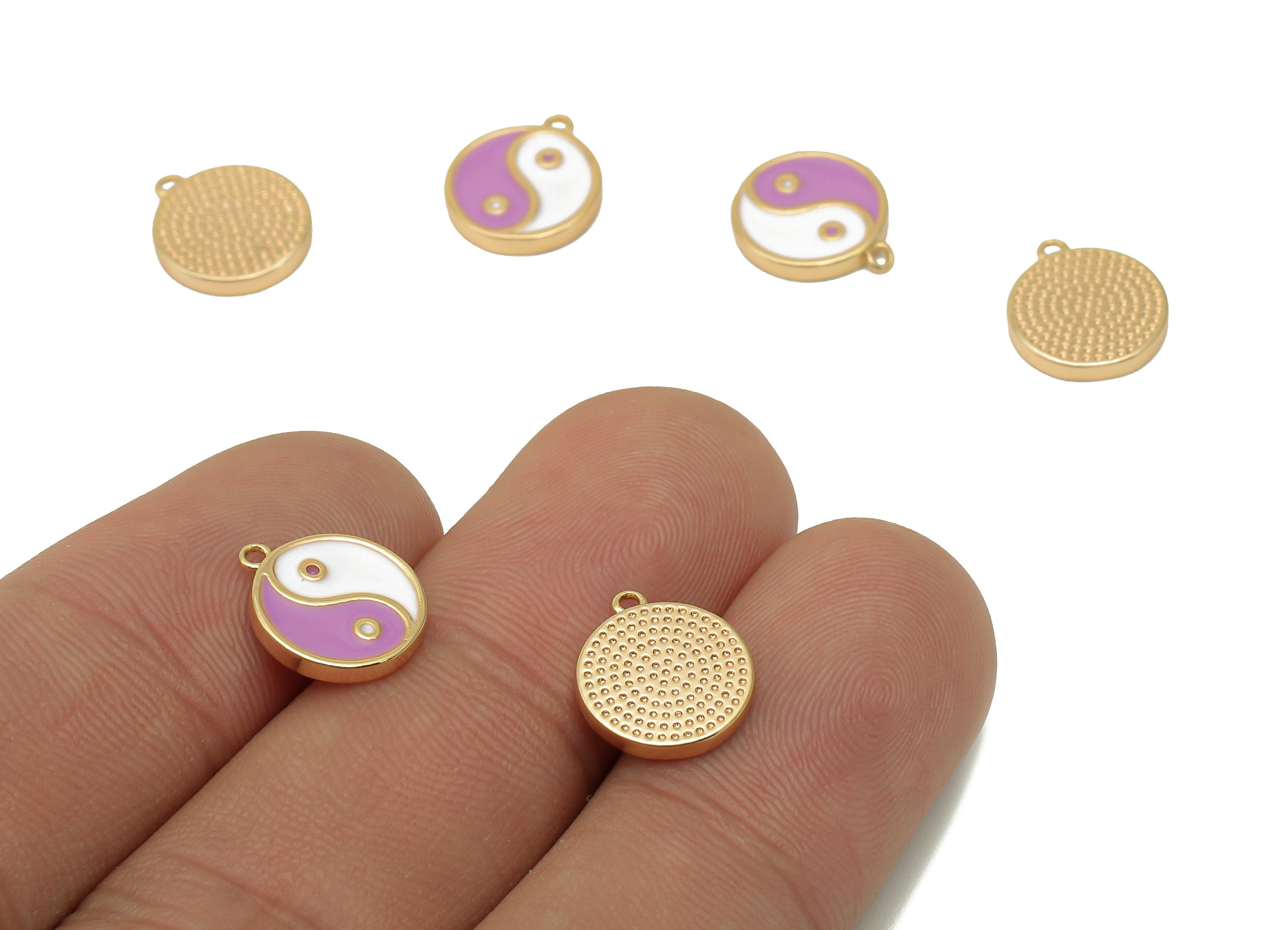 Brass Mini Round Dot Earring - White & Purple Enamel Charm - Yin and Yang Pendant With Loop - 18K Real Gold Plating-11.8x10.1x1.7mm-RGP5592B - DOMEDBAZAAR