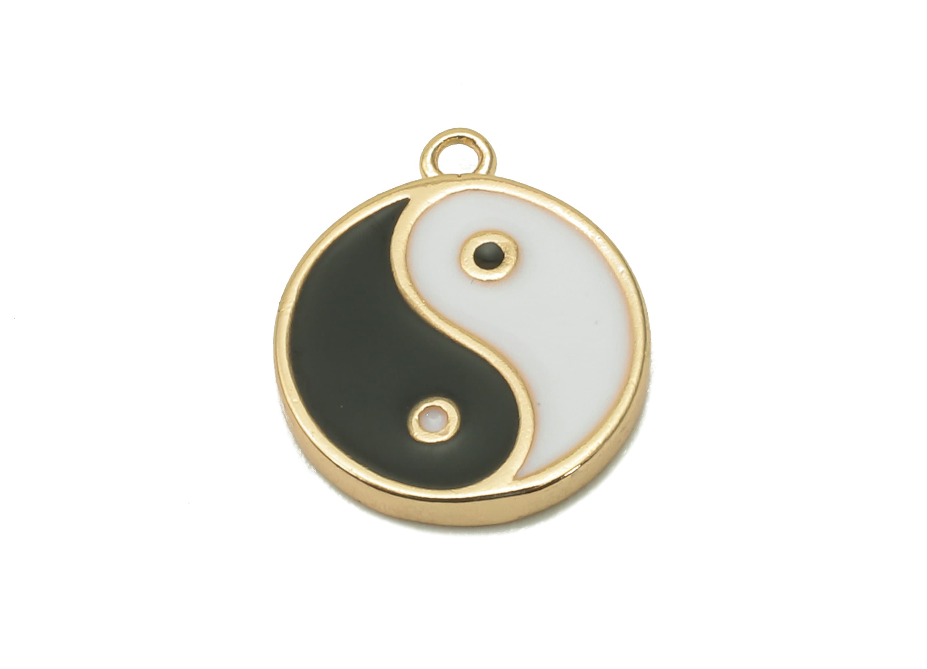 Brass Mini Round Dot Earring - White & Black Enamel Charm - Yin and Yang Pendant With Loop - 18K Real Gold Plating -11.8x10.1x1.7mm-RGP5592C - DOMEDBAZAAR