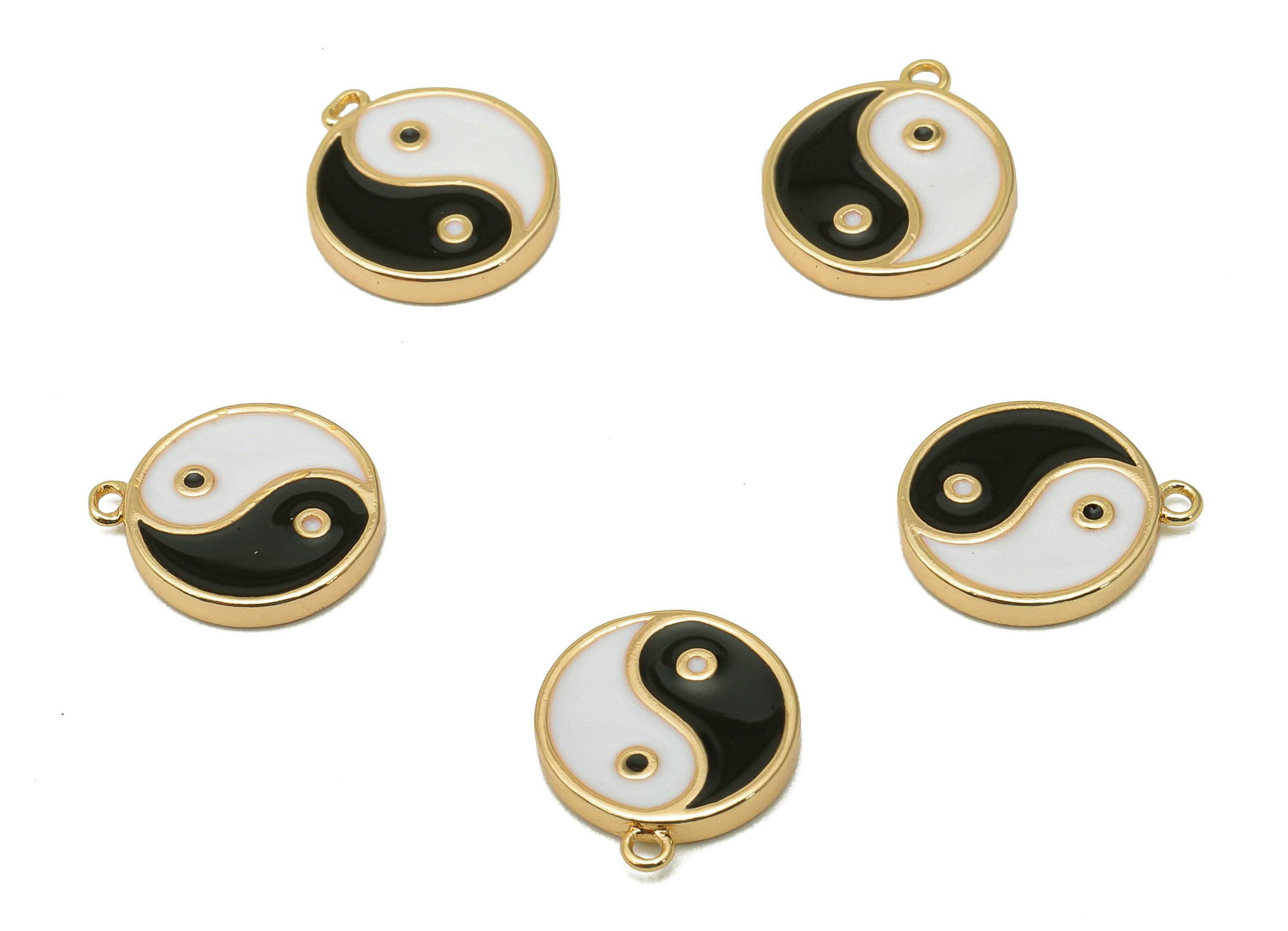 Brass Mini Round Dot Earring - White & Black Enamel Charm - Yin and Yang Pendant With Loop - 18K Real Gold Plating -11.8x10.1x1.7mm-RGP5592C - DOMEDBAZAAR