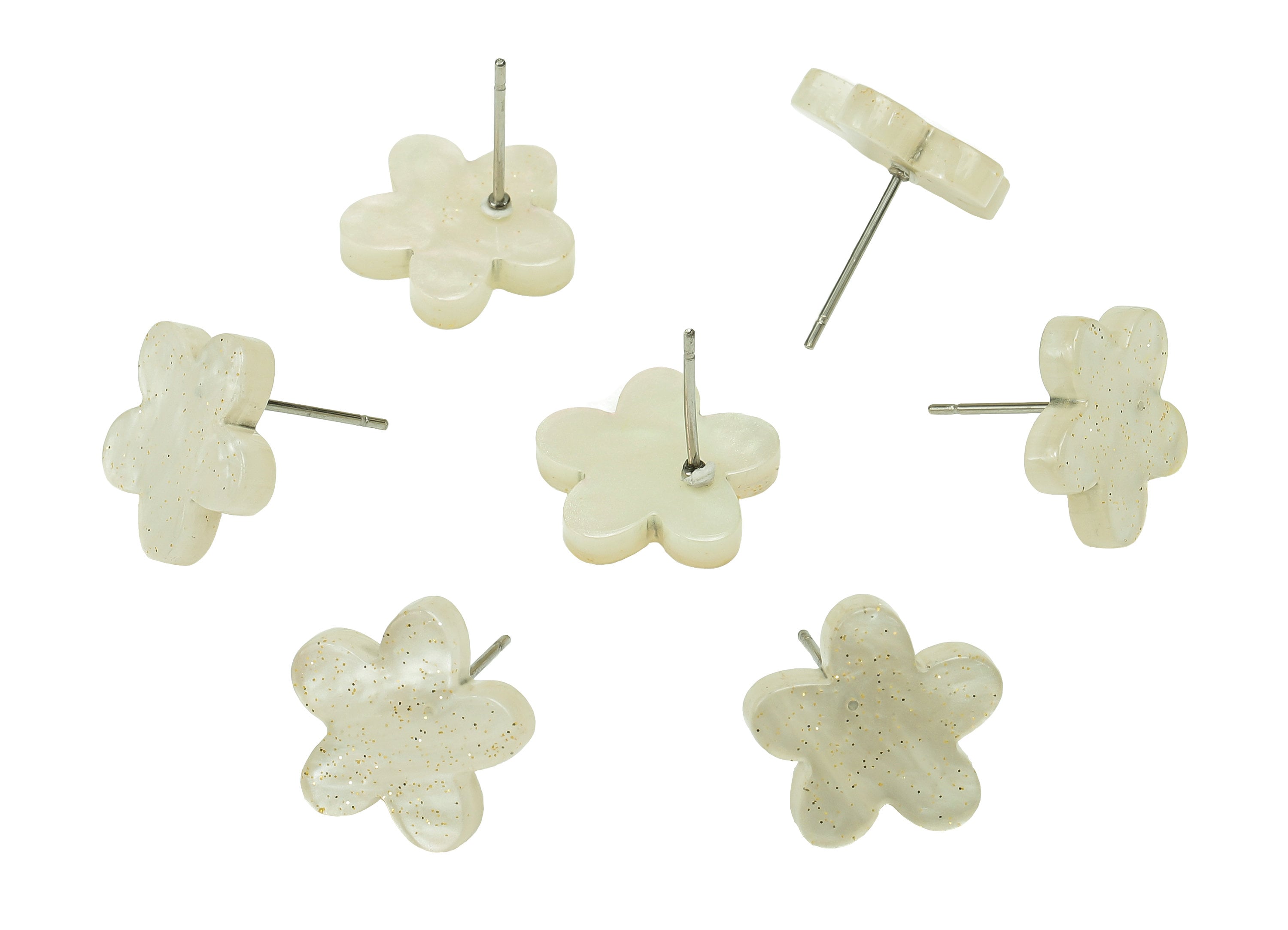 Acrylic Flower Earring Post - White Flower Stud Earring - 316 Stainless Steel Stud - Color Code: A855 - 14.56x14.51x2.68mm - AC1333A-A855 - DOMEDBAZAAR