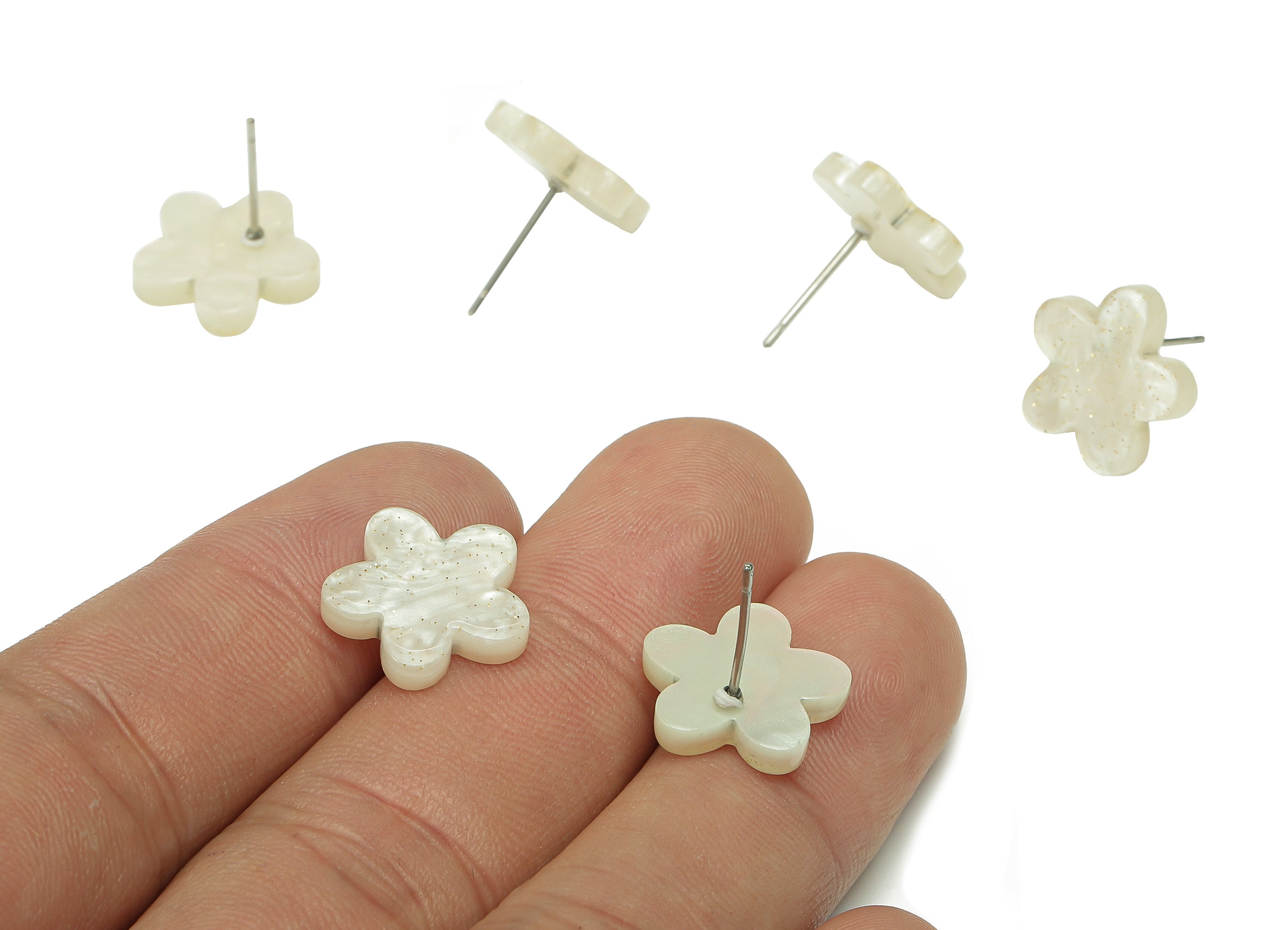 Acrylic Flower Earring Post - White Flower Stud Earring - 316 Stainless Steel Stud - Color Code: A855 - 14.56x14.51x2.68mm - AC1333A-A855 - DOMEDBAZAAR