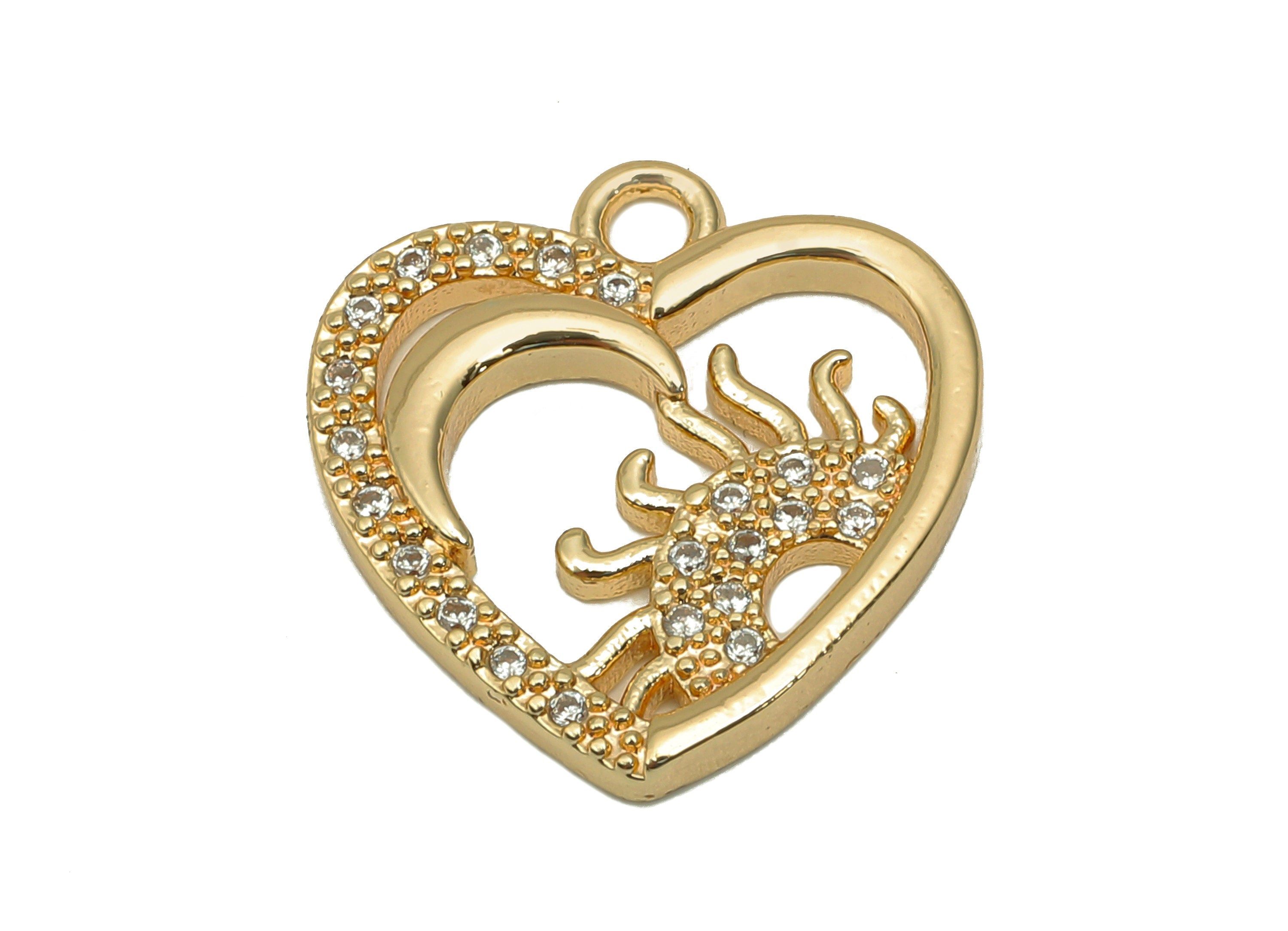 Brass Crescent Heart Earring Charm - Zircon Sun Dots Earring - Spot Heart Pendant With Loop - 18K Real Gold Plating - 17.9x17x2.1mm-RGP5594 - DOMEDBAZAAR