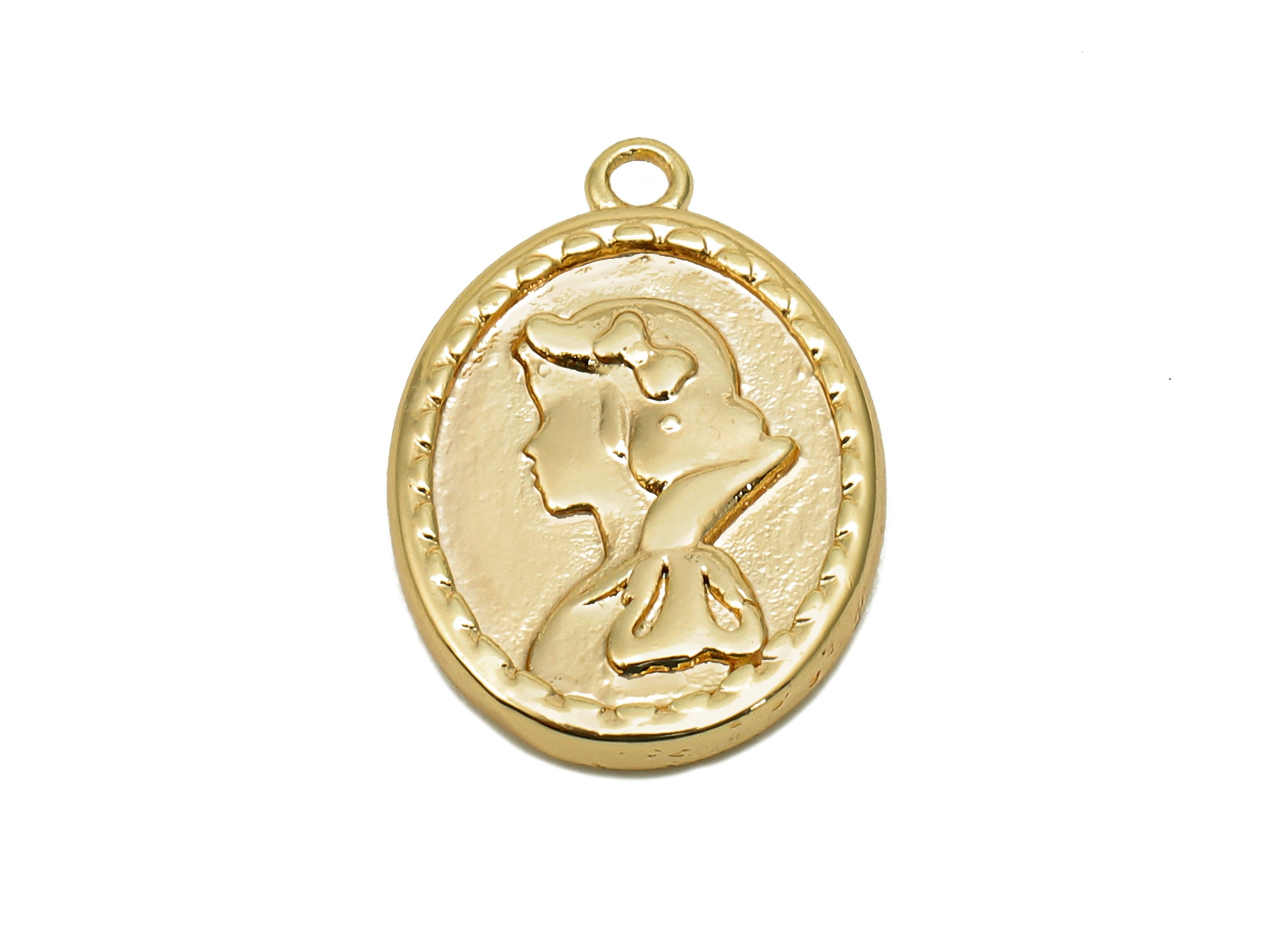 Brass Relief Portrait Oval Earring - Gold Textured Apple Charm - Pendant With Loop - 18K Real Gold Plating - 17.5x12.4x2.4mm - RGP5623 - DOMEDBAZAAR