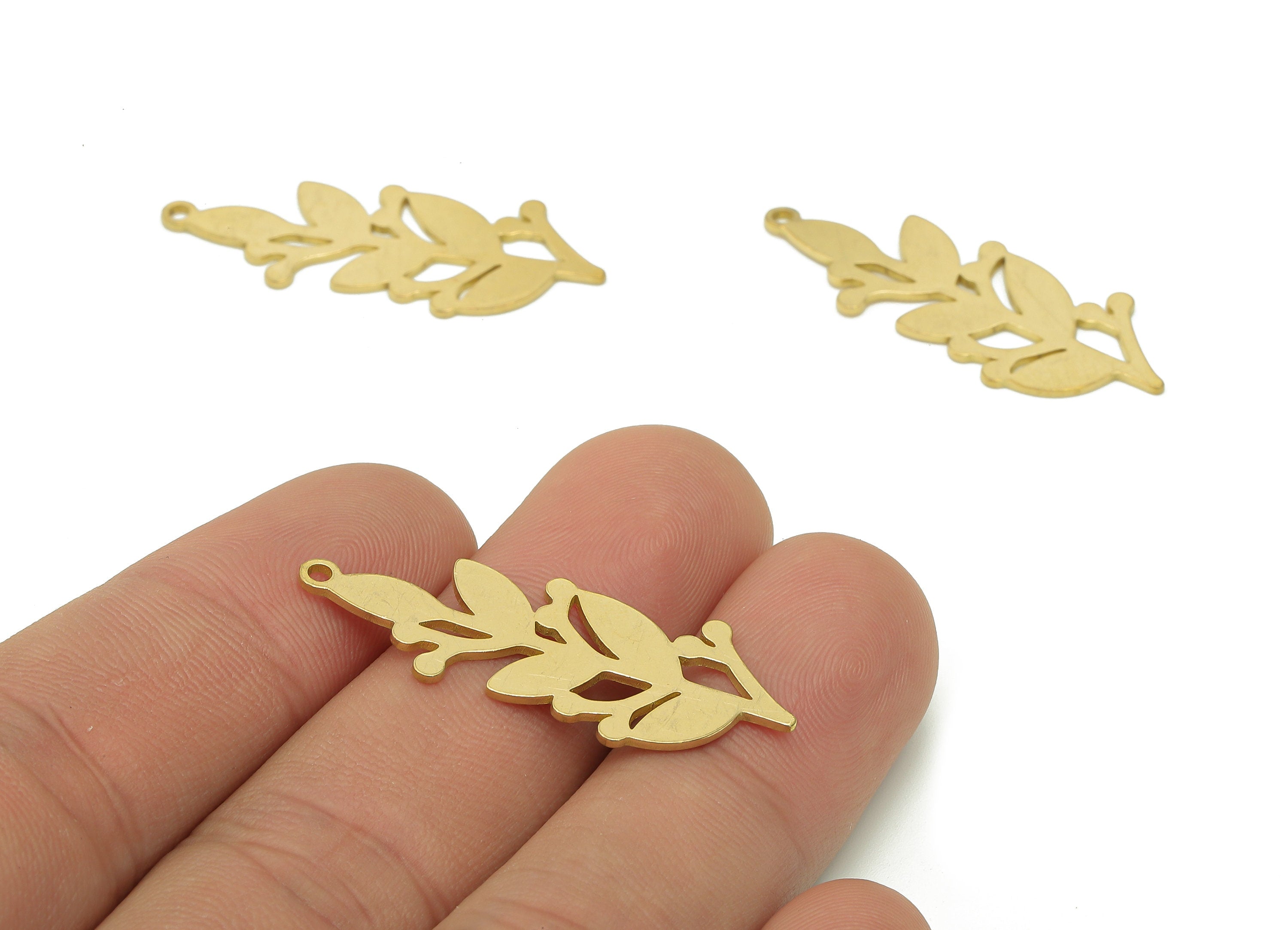 Brass Flower Earring Charms - Raw Brass Leaves Earring - Leaf Pendant With Loop - Botanical Charm For Necklace - 35.8x13.5x0.8mm - PPA6368 - DOMEDBAZAAR