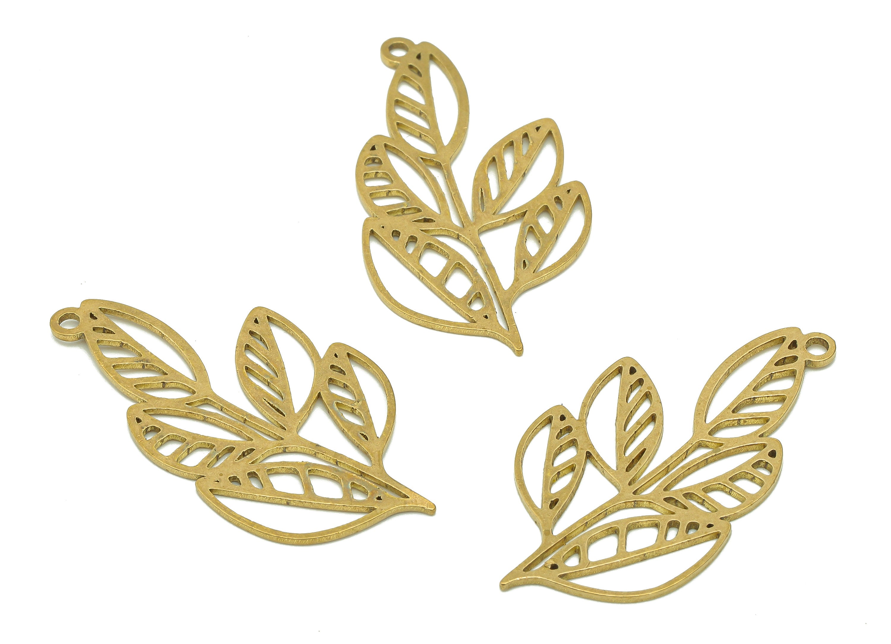 Brass Leaves Earring Charms - Raw Brass Plant Earring - Botanical Pendant With Loop - Leaf Branch Charm - 34.6x18.1x0.8mm - PPA6370 - DOMEDBAZAAR