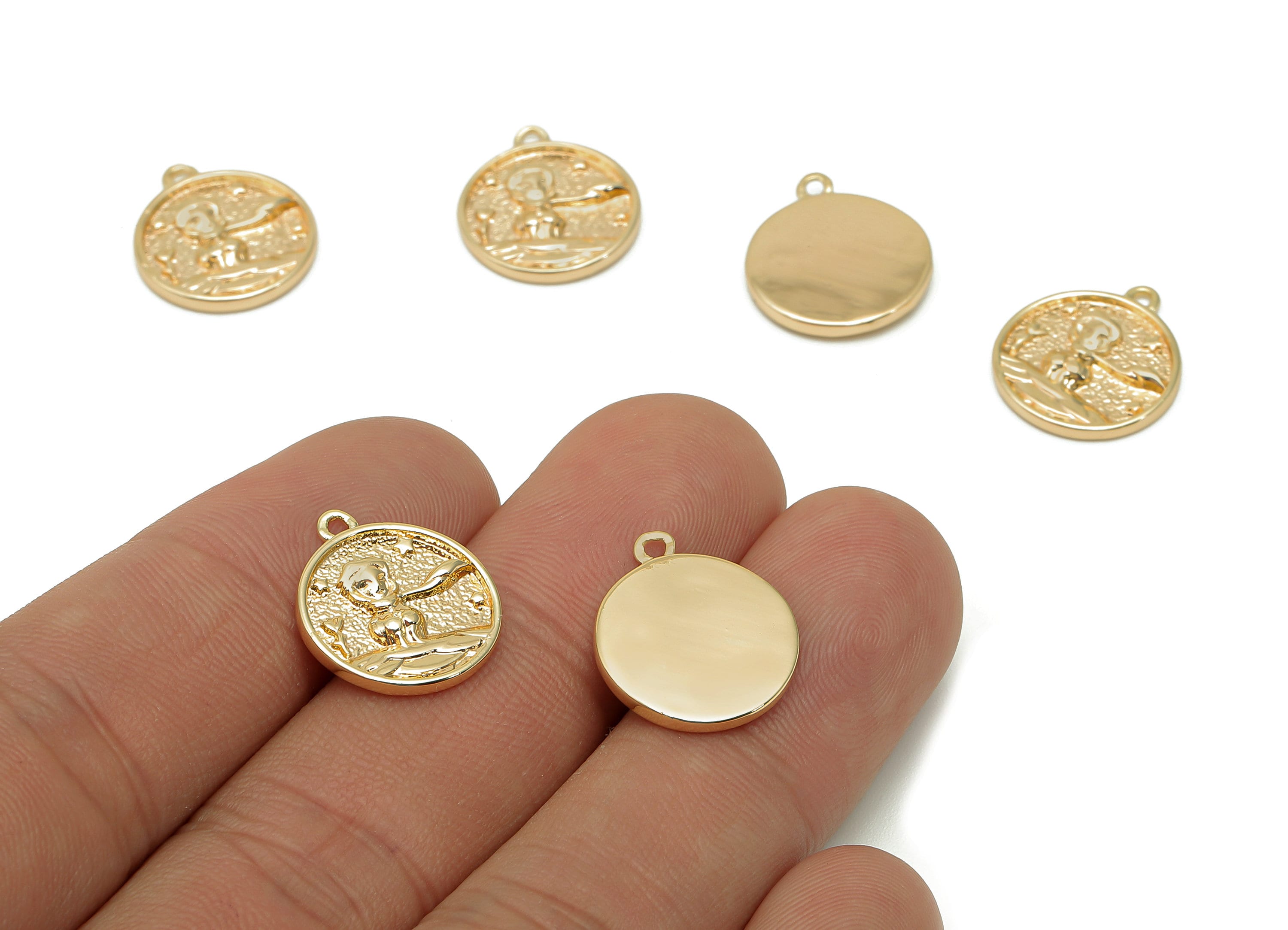 Brass Relief Portrait Round Earring - Gold Circle Necklace Style Charm - Pendant With Loop - 18K Real Gold Plating - 16.4x14.3x2mm - RGP5627 - DOMEDBAZAAR