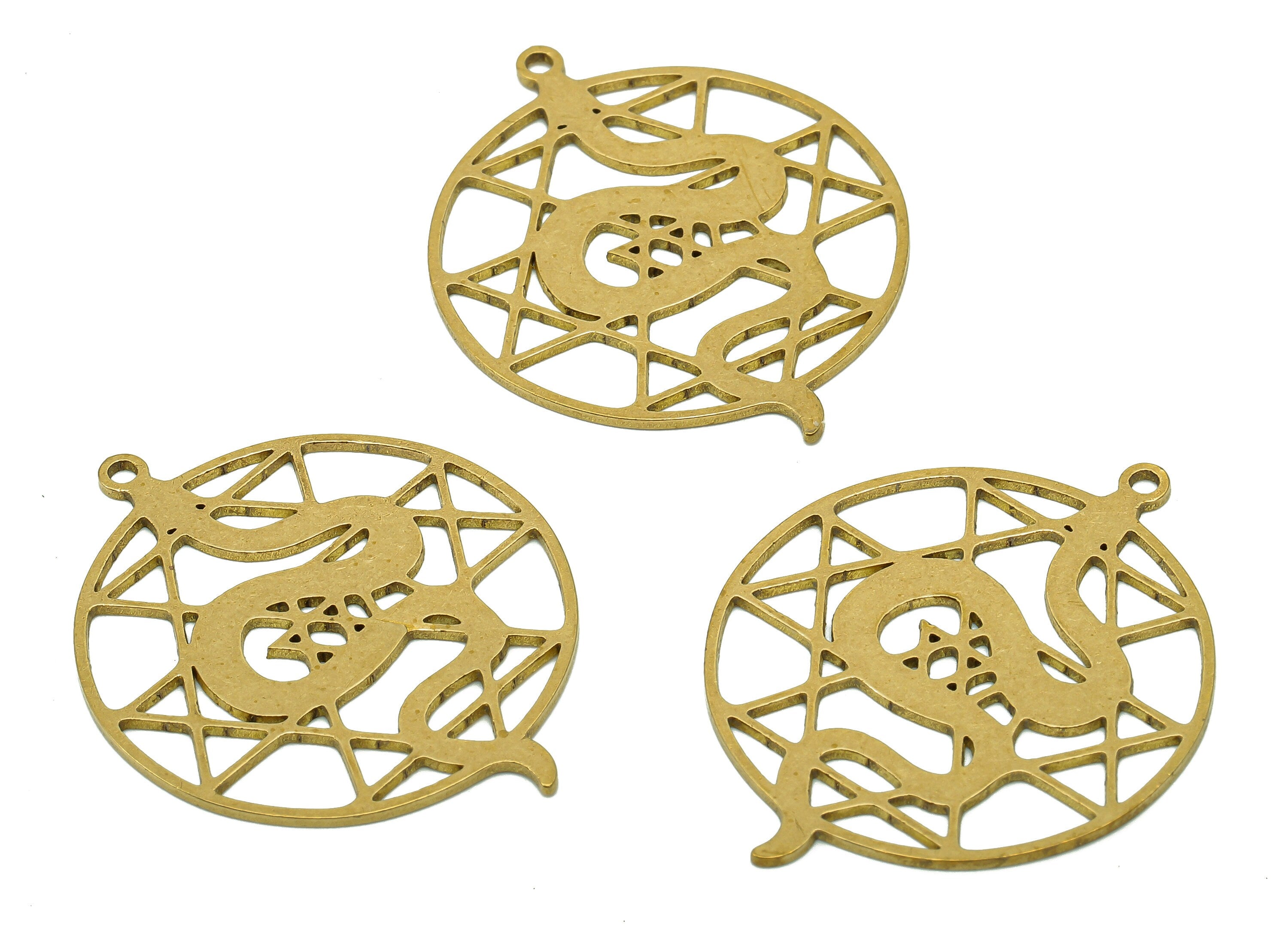 Brass Round Snake Earring Charms - Raw Brass Snake Earring - Circle Pendant With Loop - Snake Charm - 34.9x27.6x0.8mm - PPA6389 - DOMEDBAZAAR