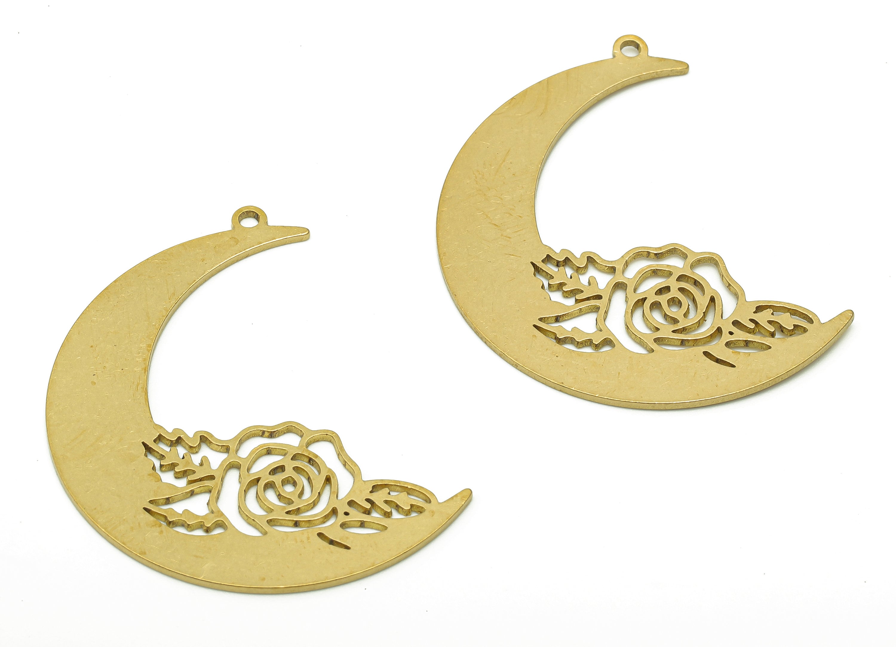Brass Crescent Flower Pendant - Raw Brass The Moon Earring Charm - Earring With Loop - Rose Charm For Necklace - 35x26.7x0.8mm - PPA6395 - DOMEDBAZAAR