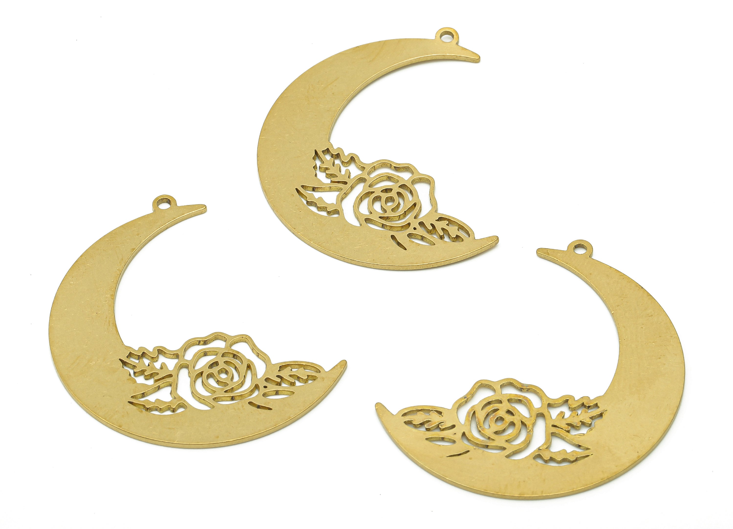Brass Crescent Flower Pendant - Raw Brass The Moon Earring Charm - Earring With Loop - Rose Charm For Necklace - 35x26.7x0.8mm - PPA6395 - DOMEDBAZAAR