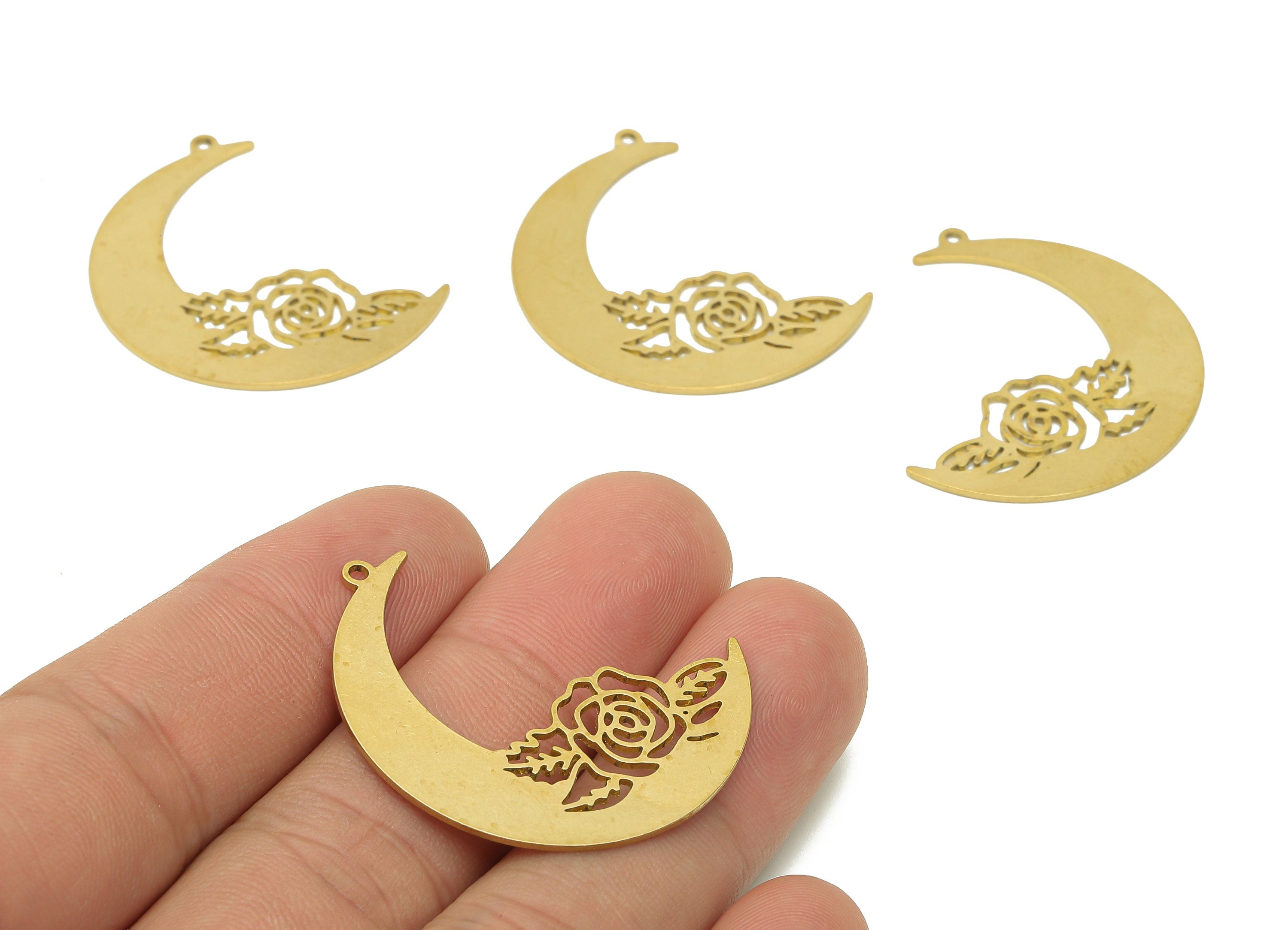 Brass Crescent Flower Pendant - Raw Brass The Moon Earring Charm - Earring With Loop - Rose Charm For Necklace - 35x26.7x0.8mm - PPA6395 - DOMEDBAZAAR