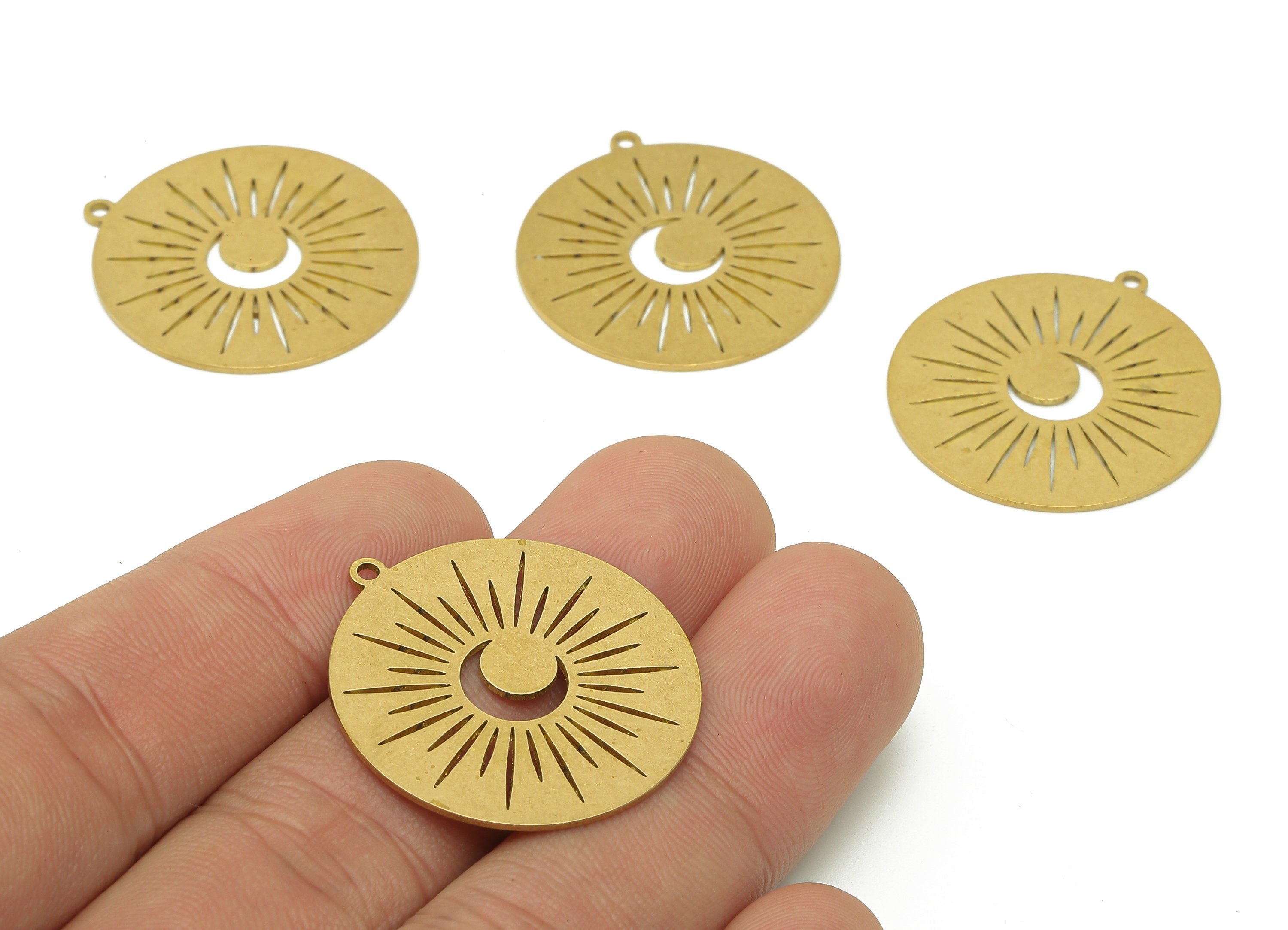 Brass Round Crescent Earring Charms - Raw Brass Circle Moon Earring - Sun Pendant With Loop - Shine Charm - 30x27.6x0.7mm - PPA6392 - DOMEDBAZAAR