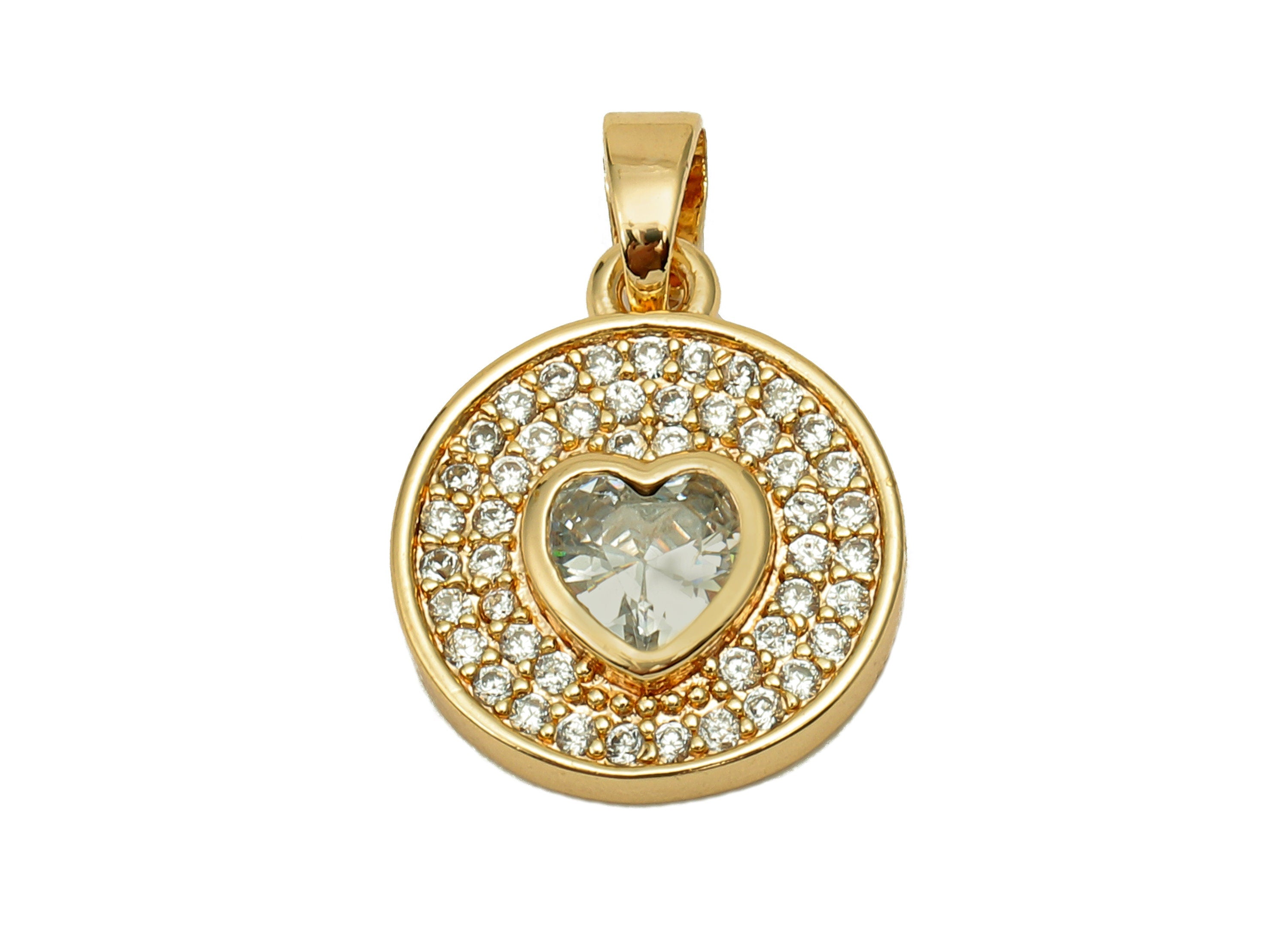 Brass Round Zircon Heart Pendant - Zircon Dots Circle Earring - Spot Necklace Charm With Loop - 18K Real Gold Plating - 18.5x13x3mm -RGP5639 - DOMEDBAZAAR